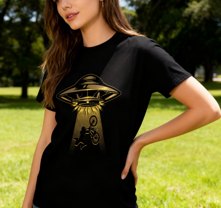 UFO Bicycle Graphic T-Shirt 100% Cotton Unisex Casual Short Sleeve Sci-Fi Funny Tee for Men & Women Daily Outdoor