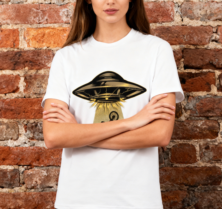 UFO Bicycle Graphic T-Shirt 100% Cotton Unisex Casual Short Sleeve Sci-Fi Funny Tee for Men & Women Daily Outdoor