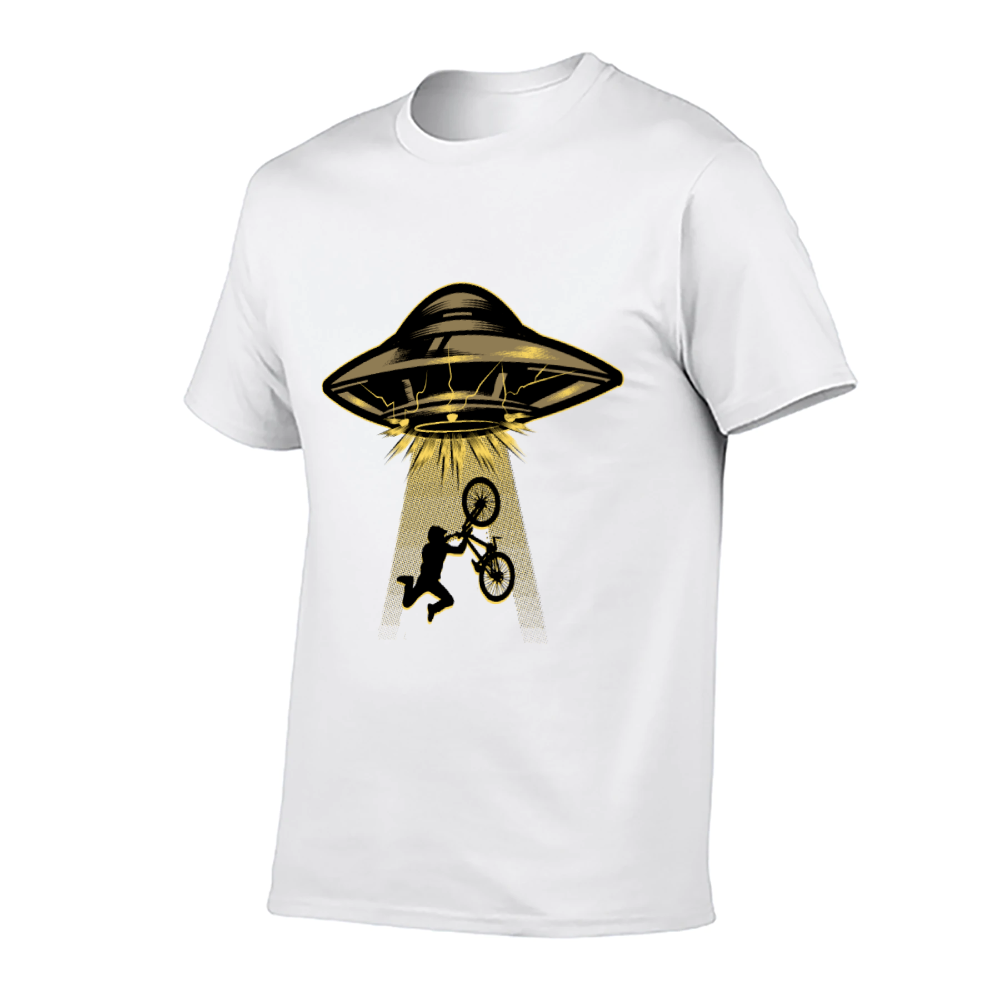 UFO Bicycle Graphic T-Shirt 100% Cotton Unisex Casual Short Sleeve Sci-Fi Funny Tee for Men & Women Daily Outdoor
