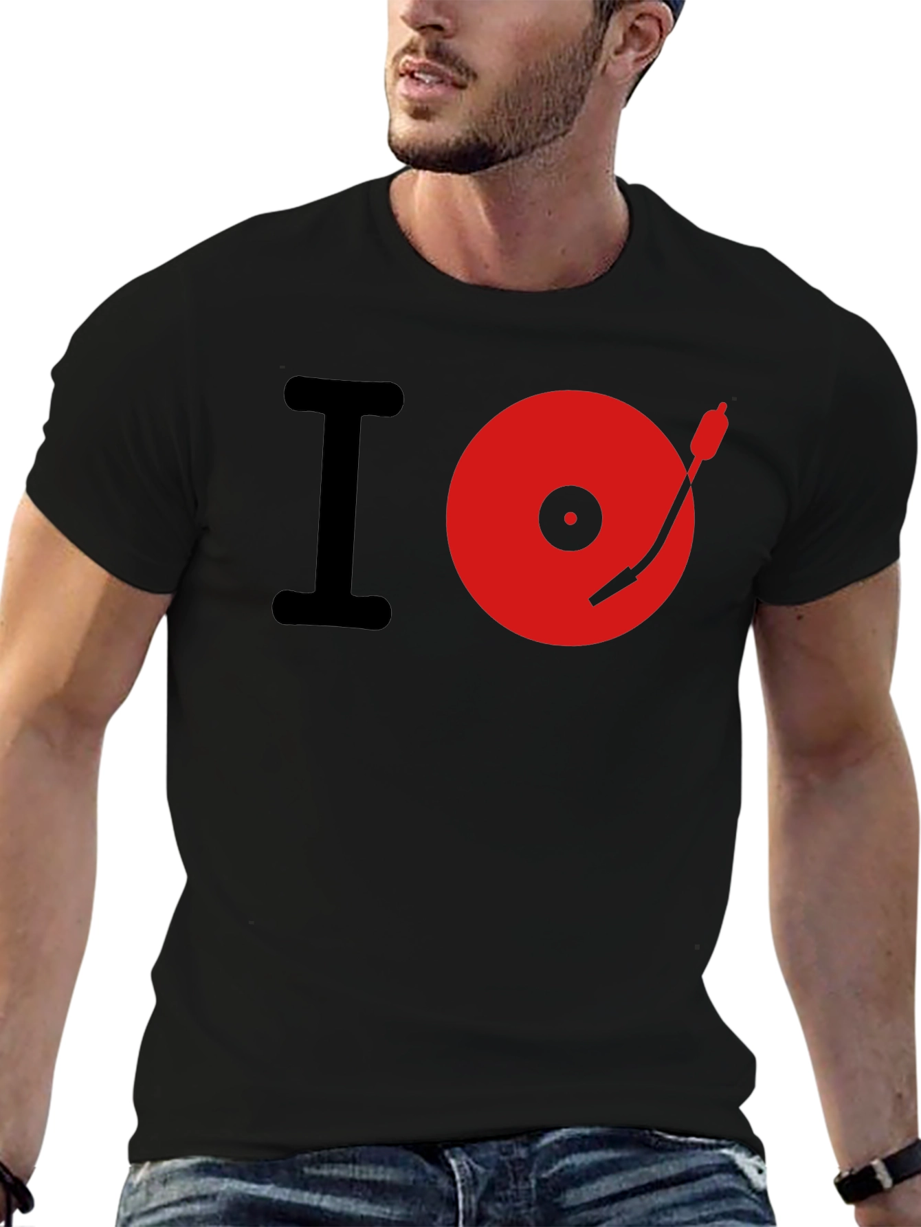 I Love Music Red Turntable Black T-Shirt