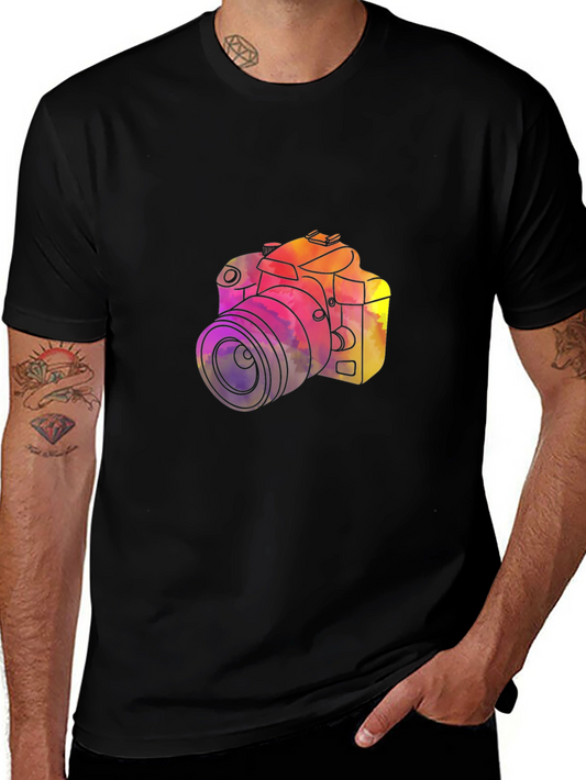 Colorful Camera Graphic Tee - Black Cotton T-Shirt