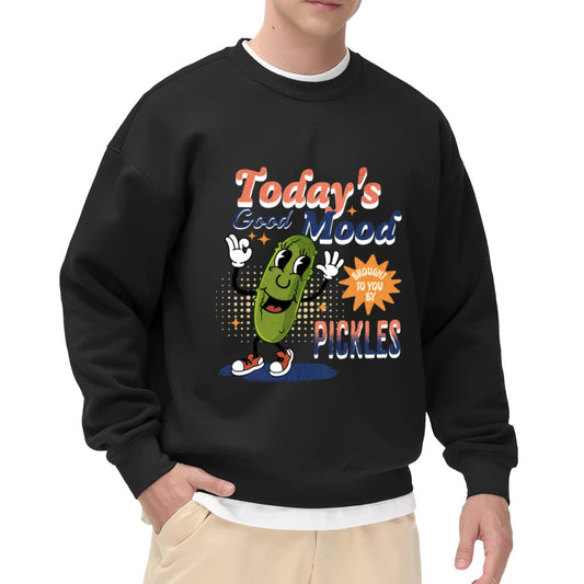 Black Crewneck Sweatshirt with "Today's Good Mood" Pickle Print - Casual Long-Sleeve Pullover for Men, Soft Daily Wear Top