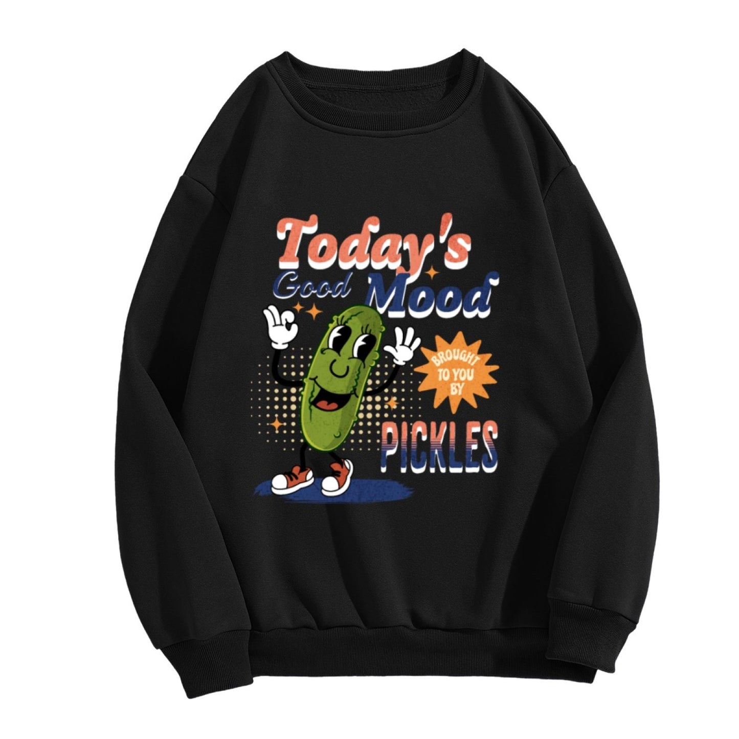 Black Crewneck Sweatshirt with "Today's Good Mood" Pickle Print - Casual Long-Sleeve Pullover for Men, Soft Daily Wear Top