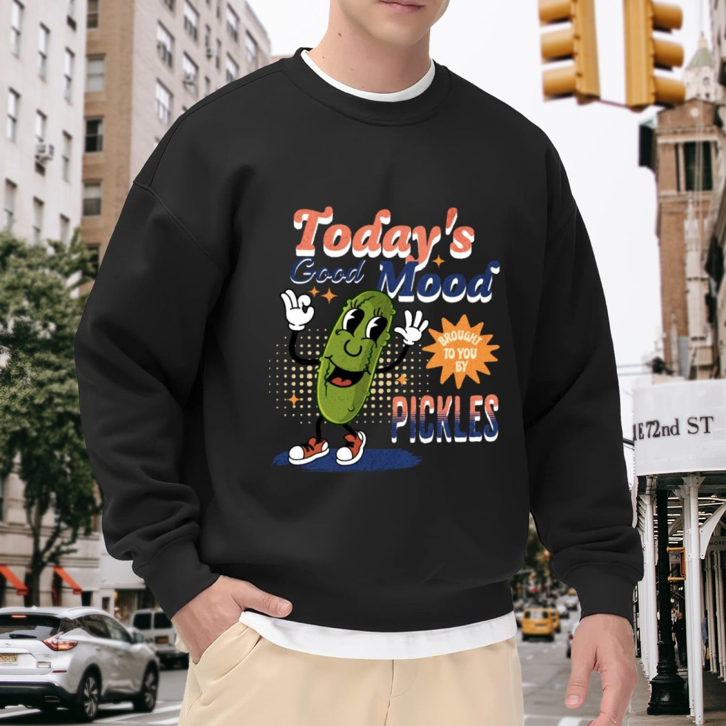 Black Crewneck Sweatshirt with "Today's Good Mood" Pickle Print - Casual Long-Sleeve Pullover for Men, Soft Daily Wear Top