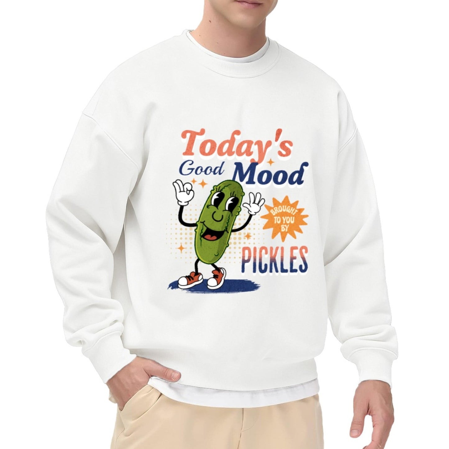 Black Crewneck Sweatshirt with "Today's Good Mood" Pickle Print - Casual Long-Sleeve Pullover for Men, Soft Daily Wear Top