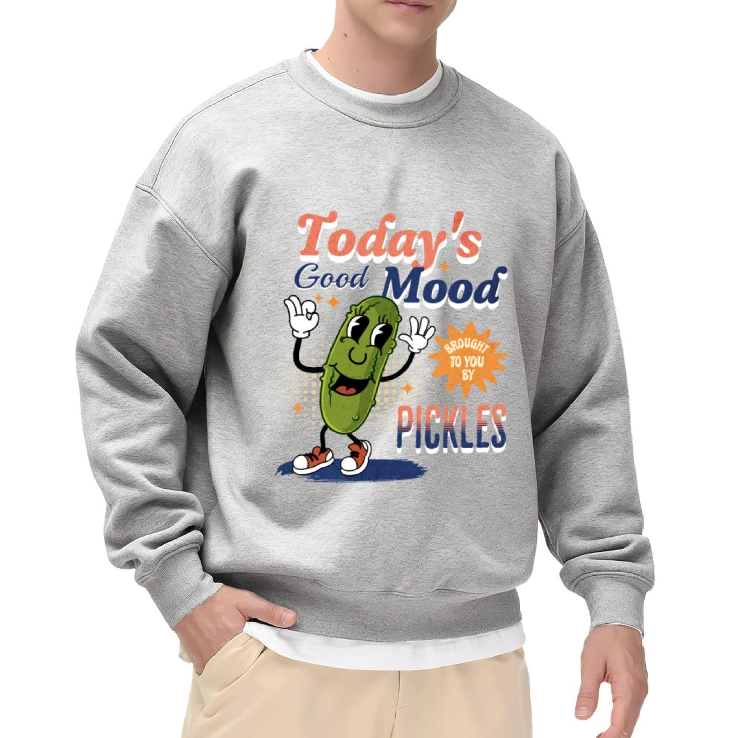 Black Crewneck Sweatshirt with "Today's Good Mood" Pickle Print - Casual Long-Sleeve Pullover for Men, Soft Daily Wear Top