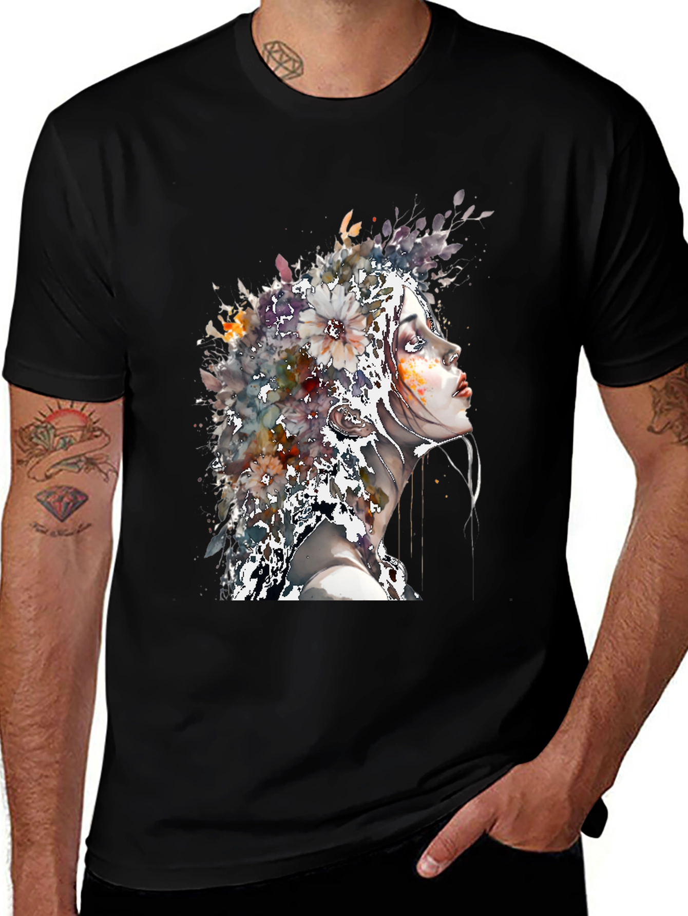 Floral Woman Art Tee - Black T-Shirt