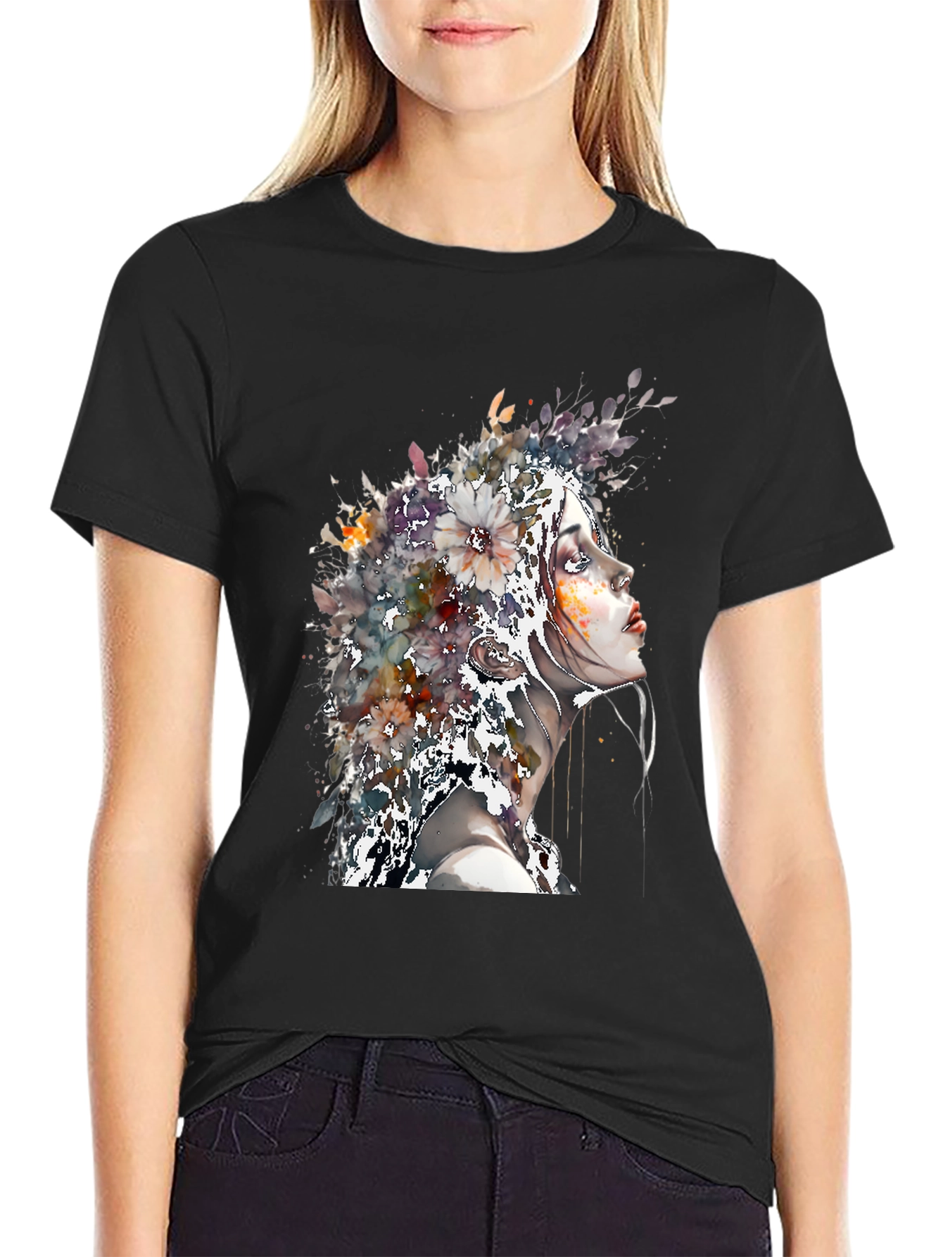 Floral Woman Art Tee - Black T-Shirt