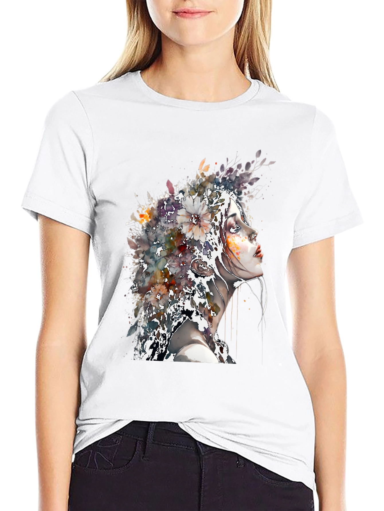 Floral Woman Art Tee - Black T-Shirt