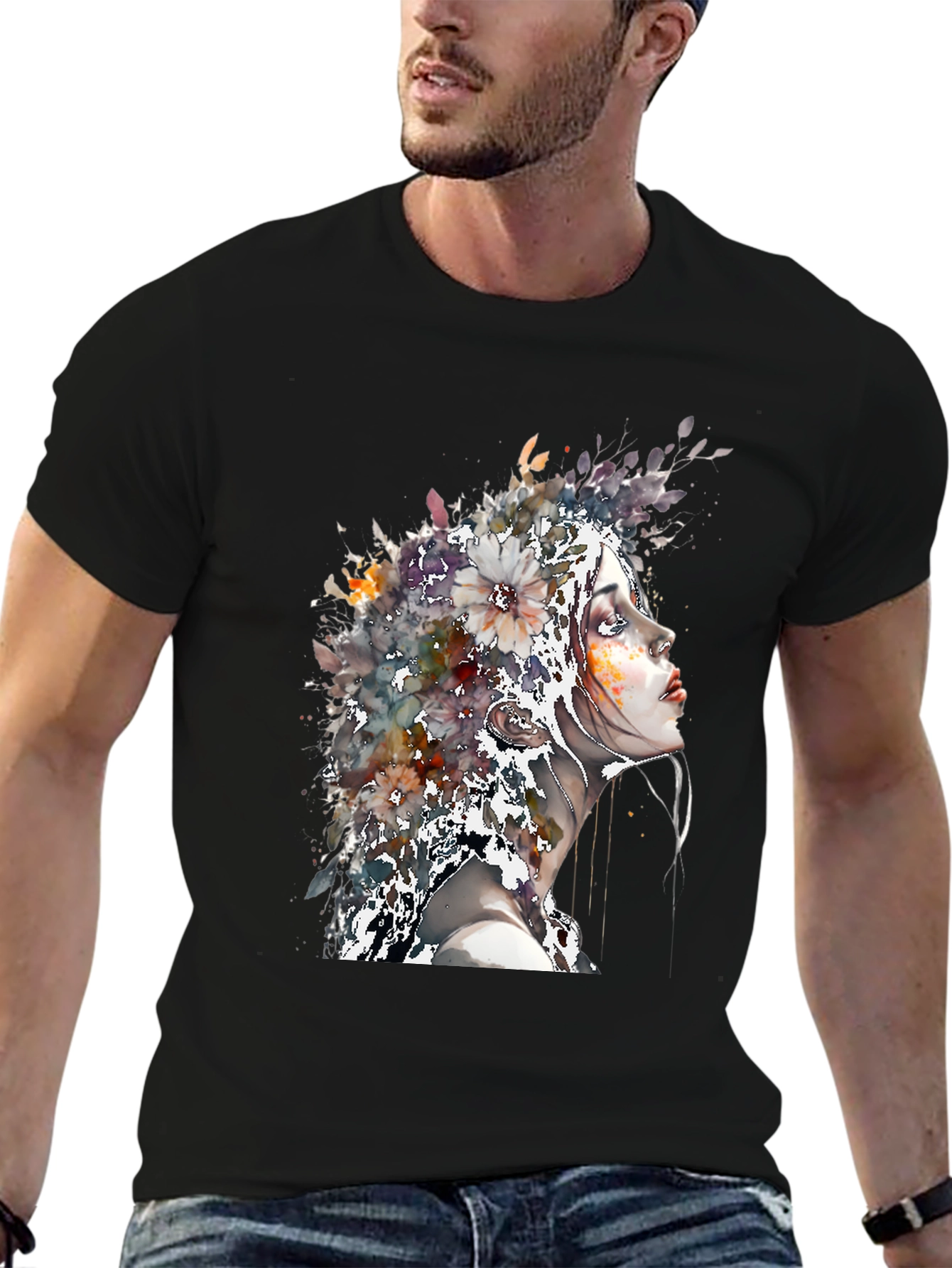 Floral Woman Art Tee - Black T-Shirt