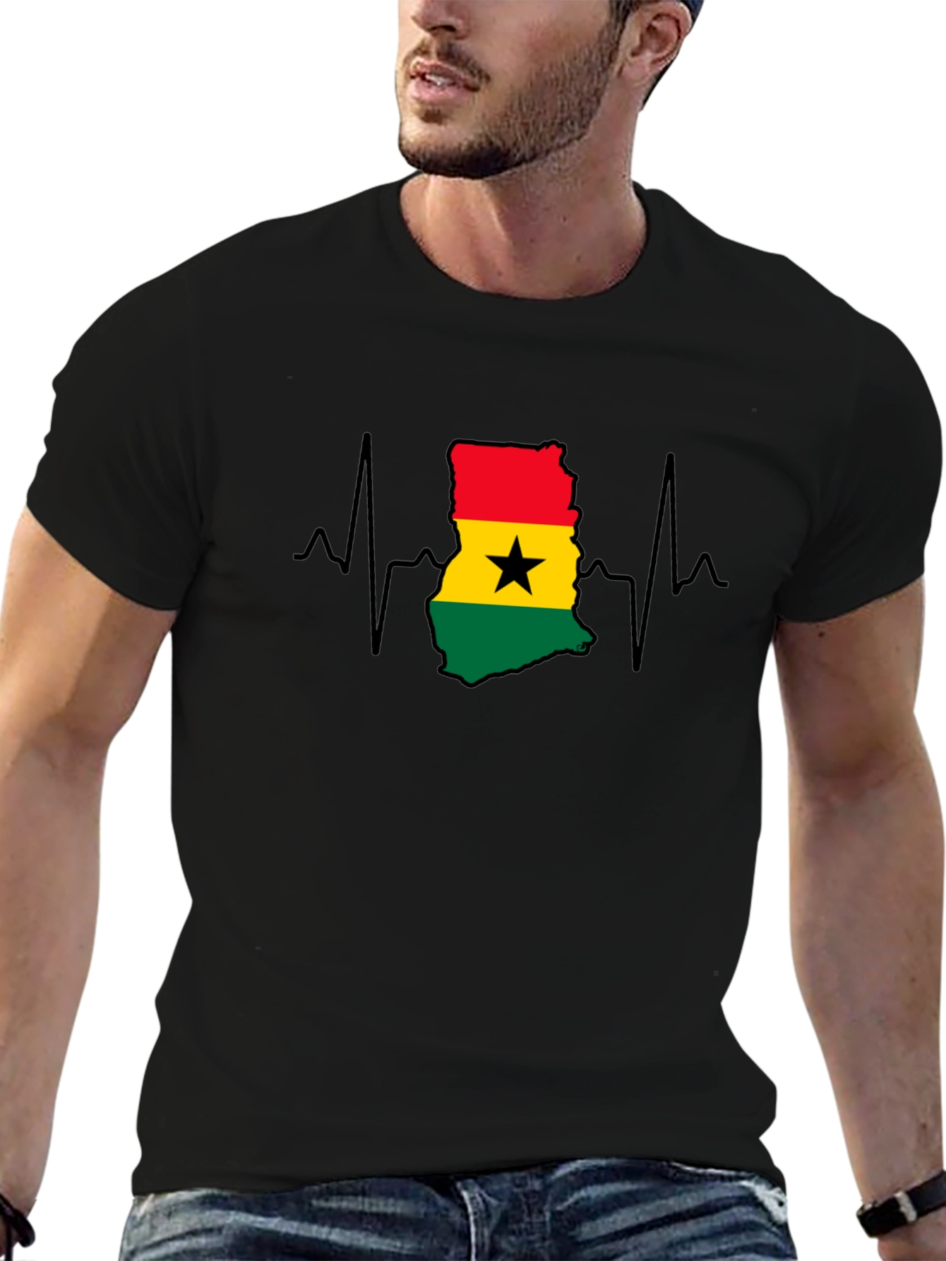 Ghana Flag Heartbeat T-Shirt - Black