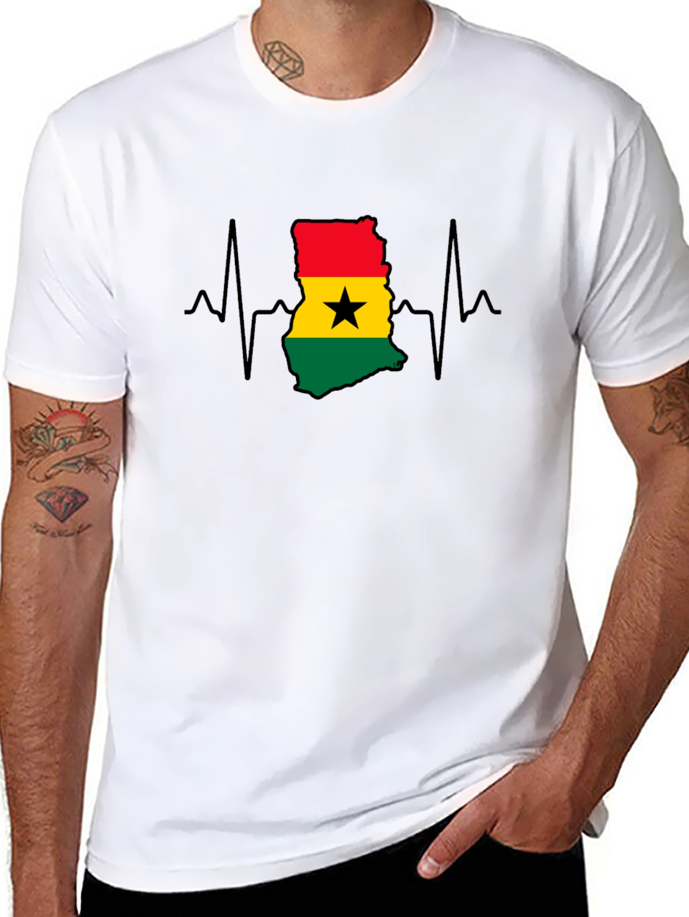 Ghana Flag Heartbeat T-Shirt - Black