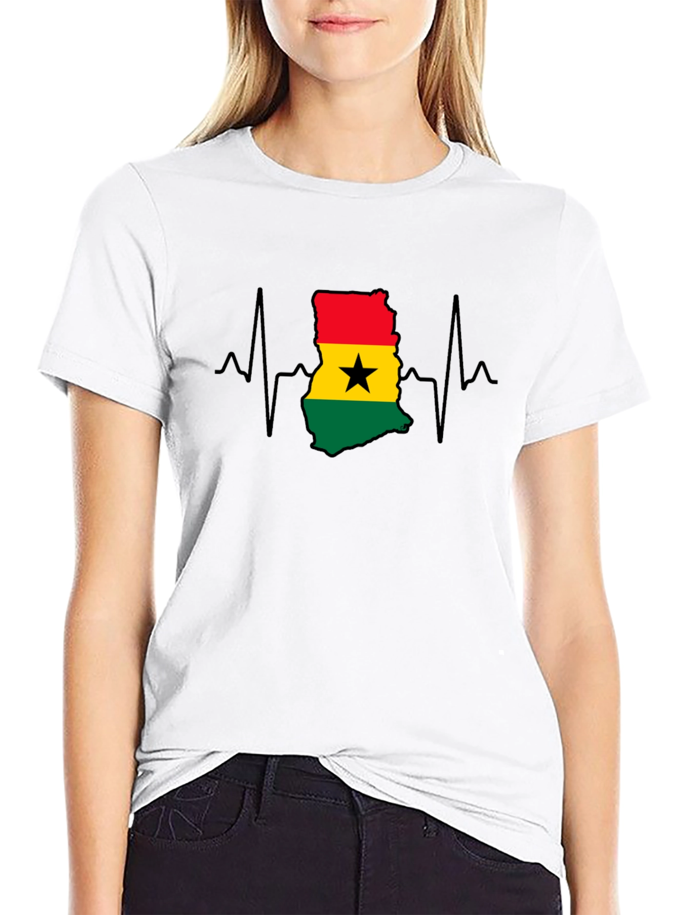 Ghana Flag Heartbeat T-Shirt - Black