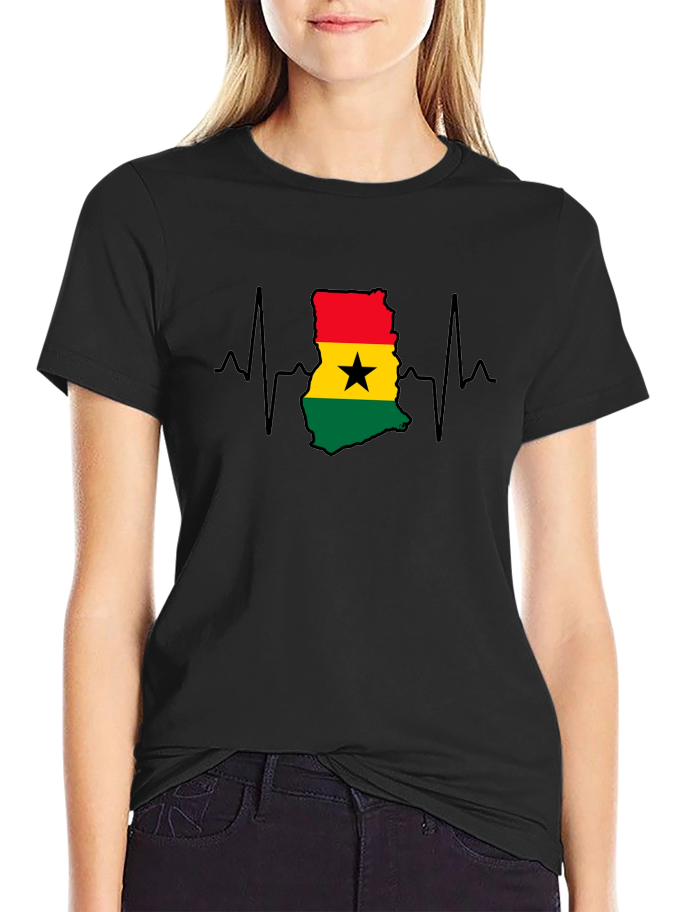 Ghana Flag Heartbeat T-Shirt - Black