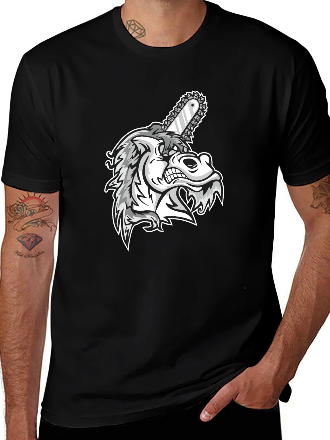 Wolf Chainsaw Graphic Black T-Shirt
