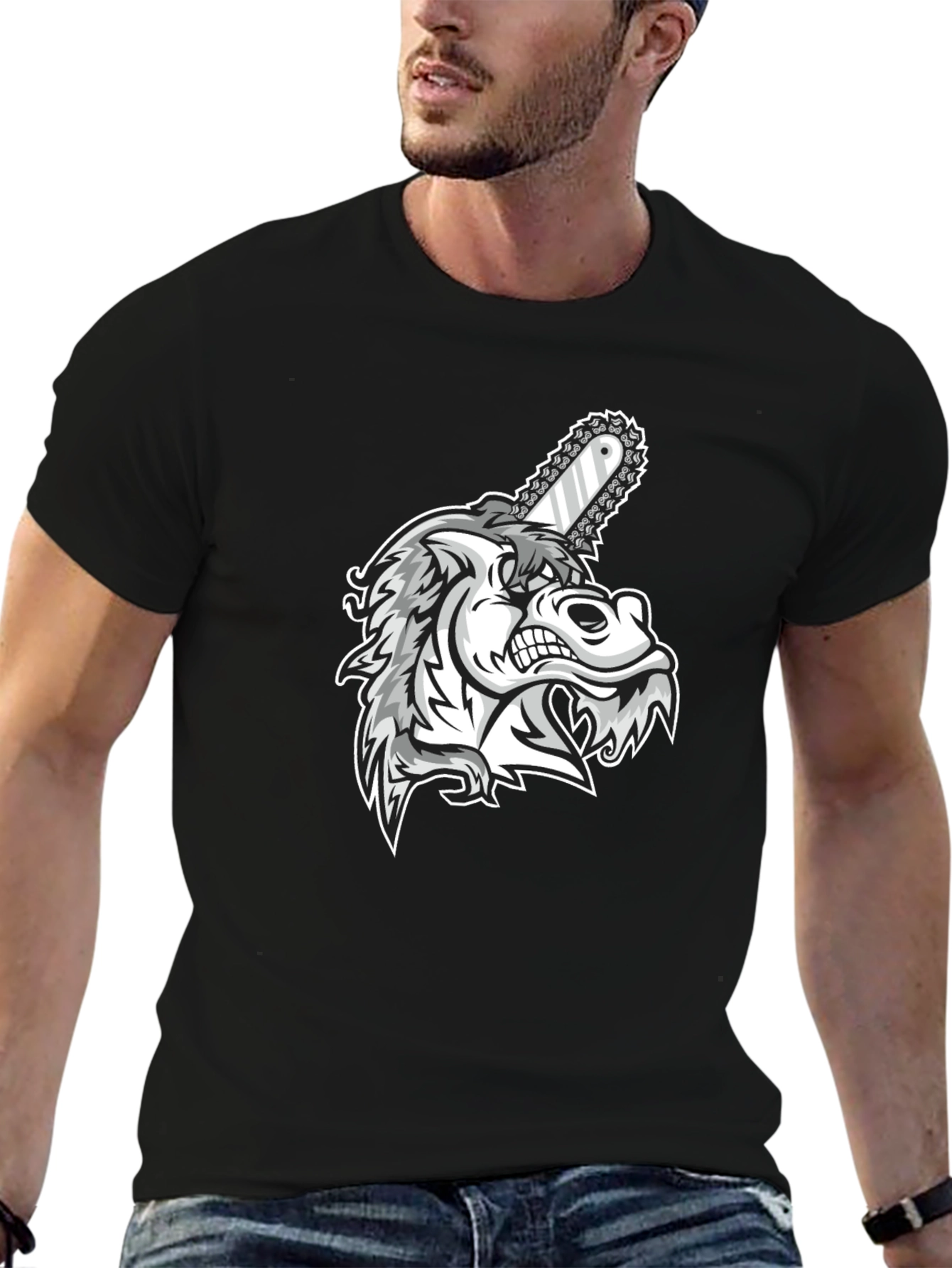 Wolf Chainsaw Graphic Black T-Shirt