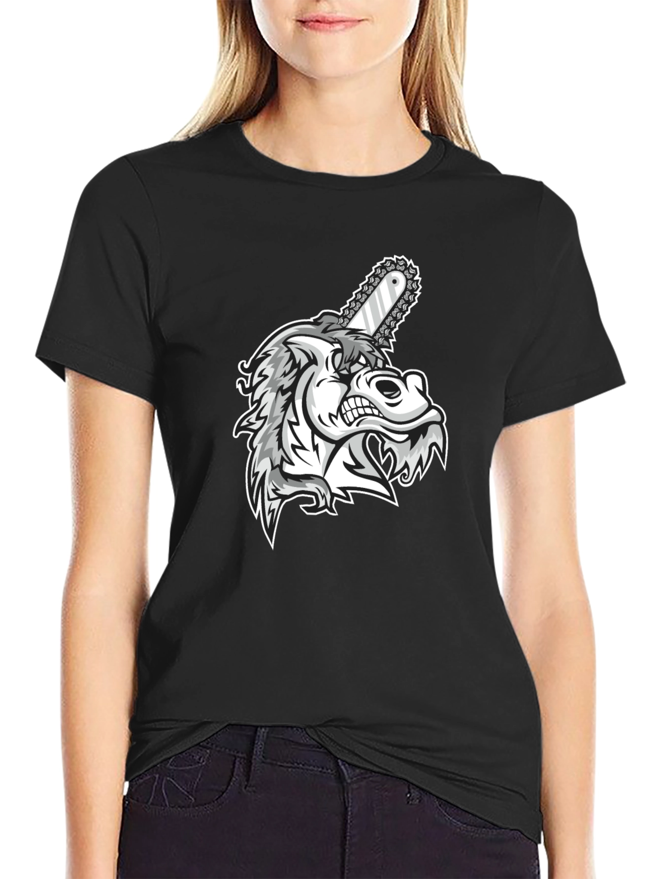 Wolf Chainsaw Graphic Black T-Shirt