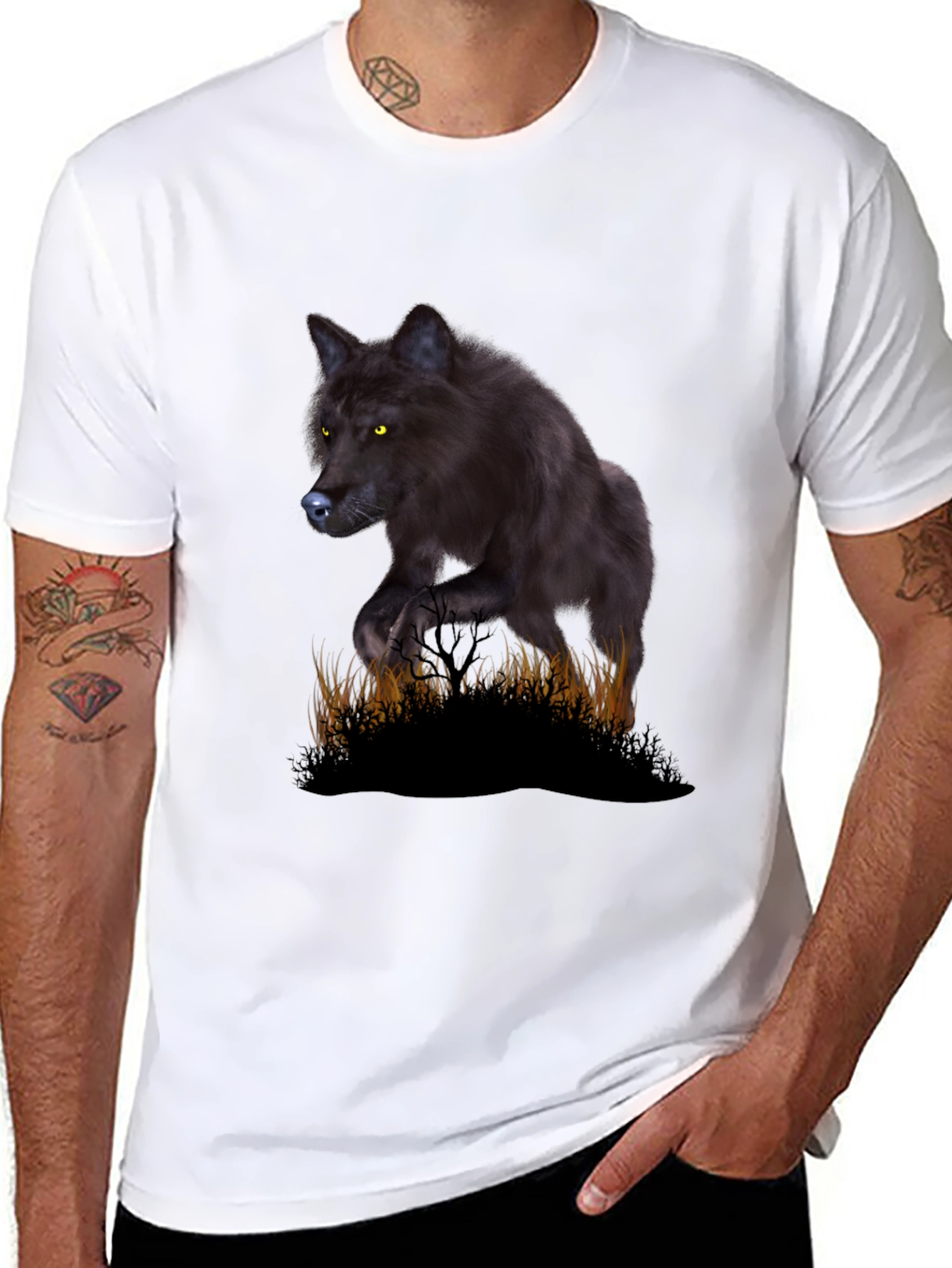 Black Wolf Graphic Tee - Mens Crew Neck T-Shirt