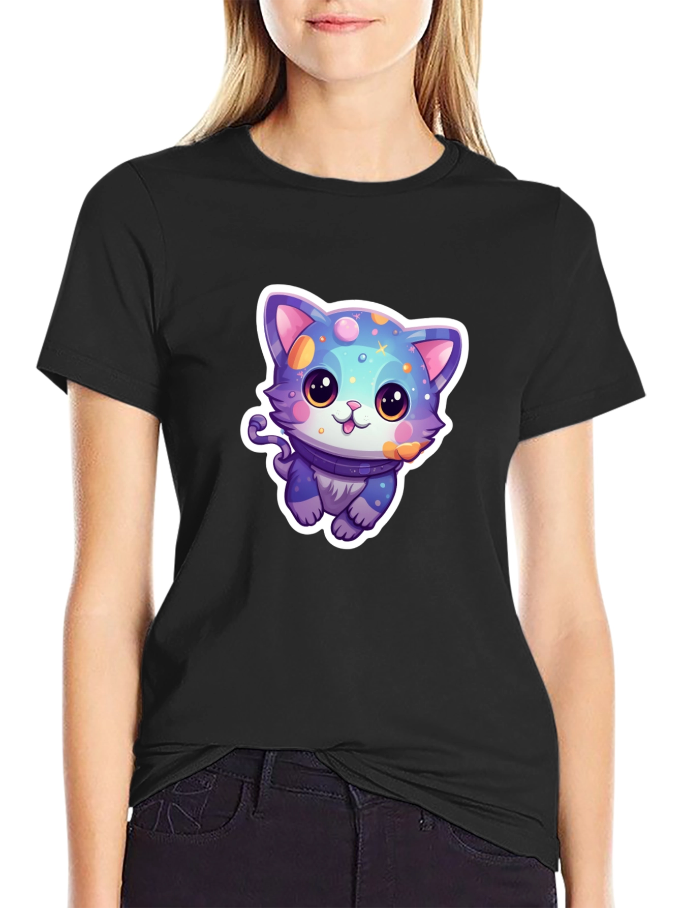 Cute Cartoon Cat Graphic Tee - Black