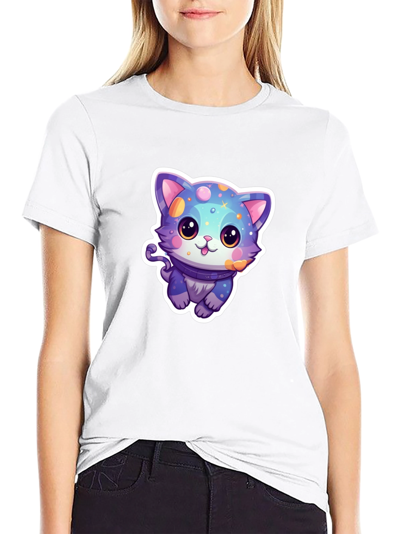 Cute Cartoon Cat Graphic Tee - Black