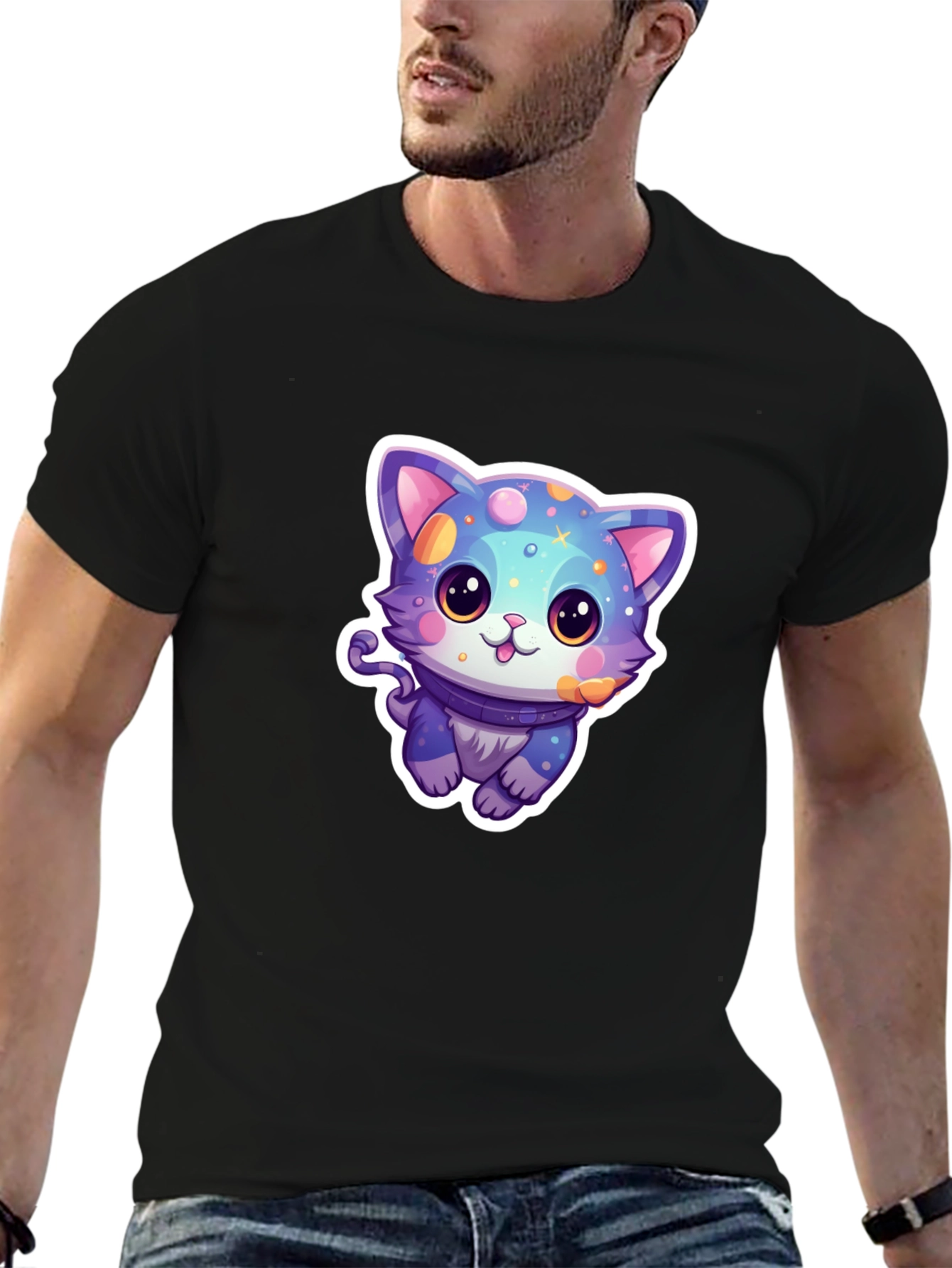 Cute Cartoon Cat Graphic Tee - Black