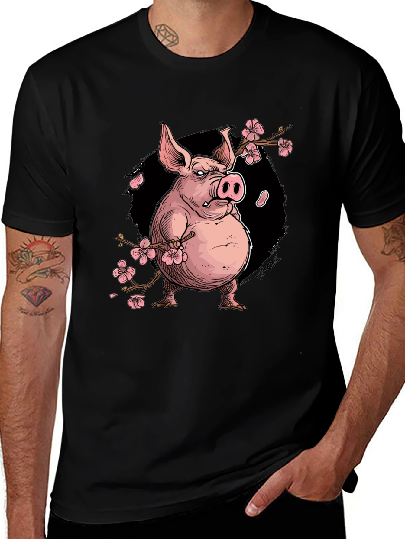 Pig with Cherry Blossoms Graphic T-Shirt