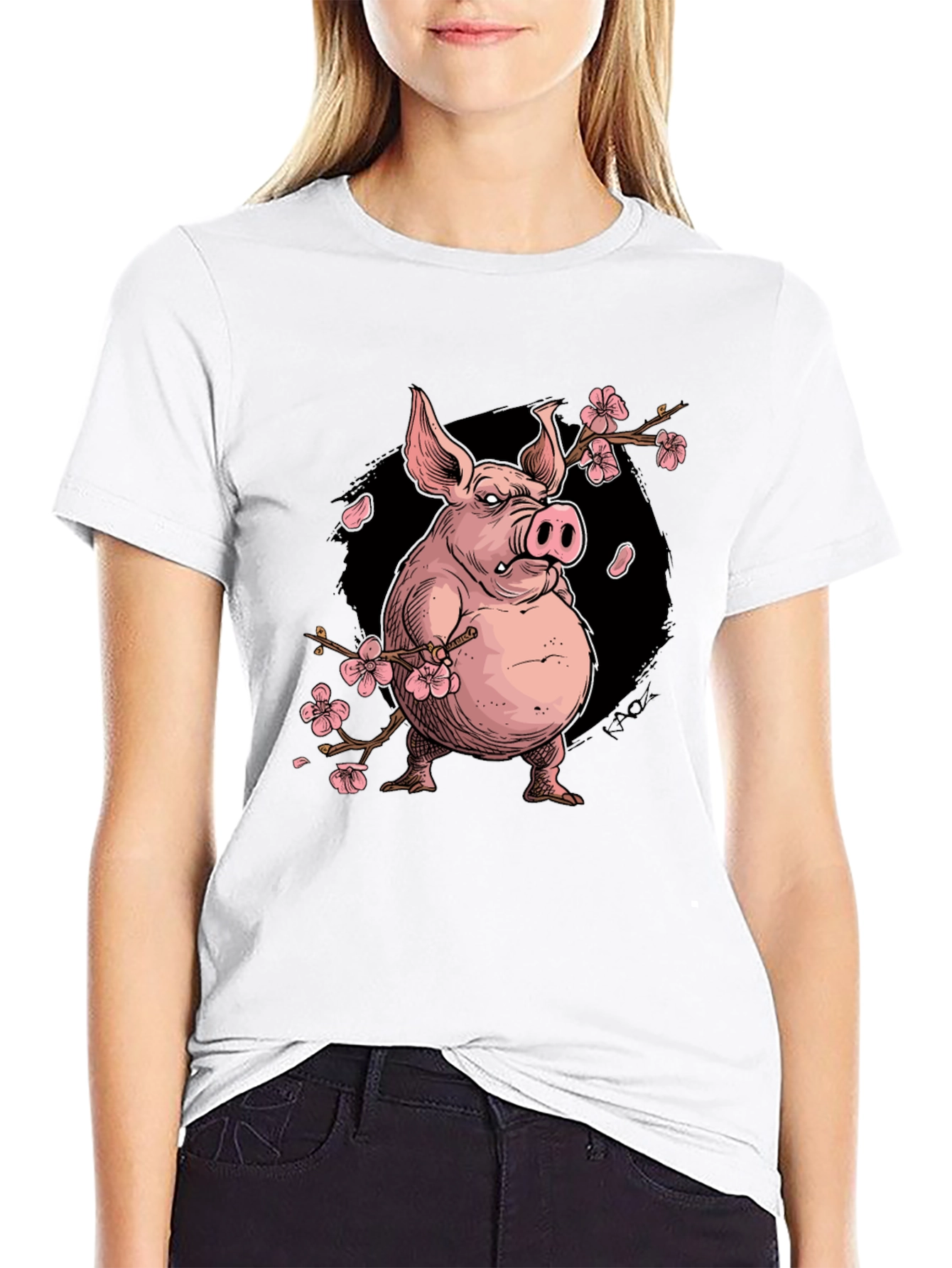 Pig with Cherry Blossoms Graphic T-Shirt