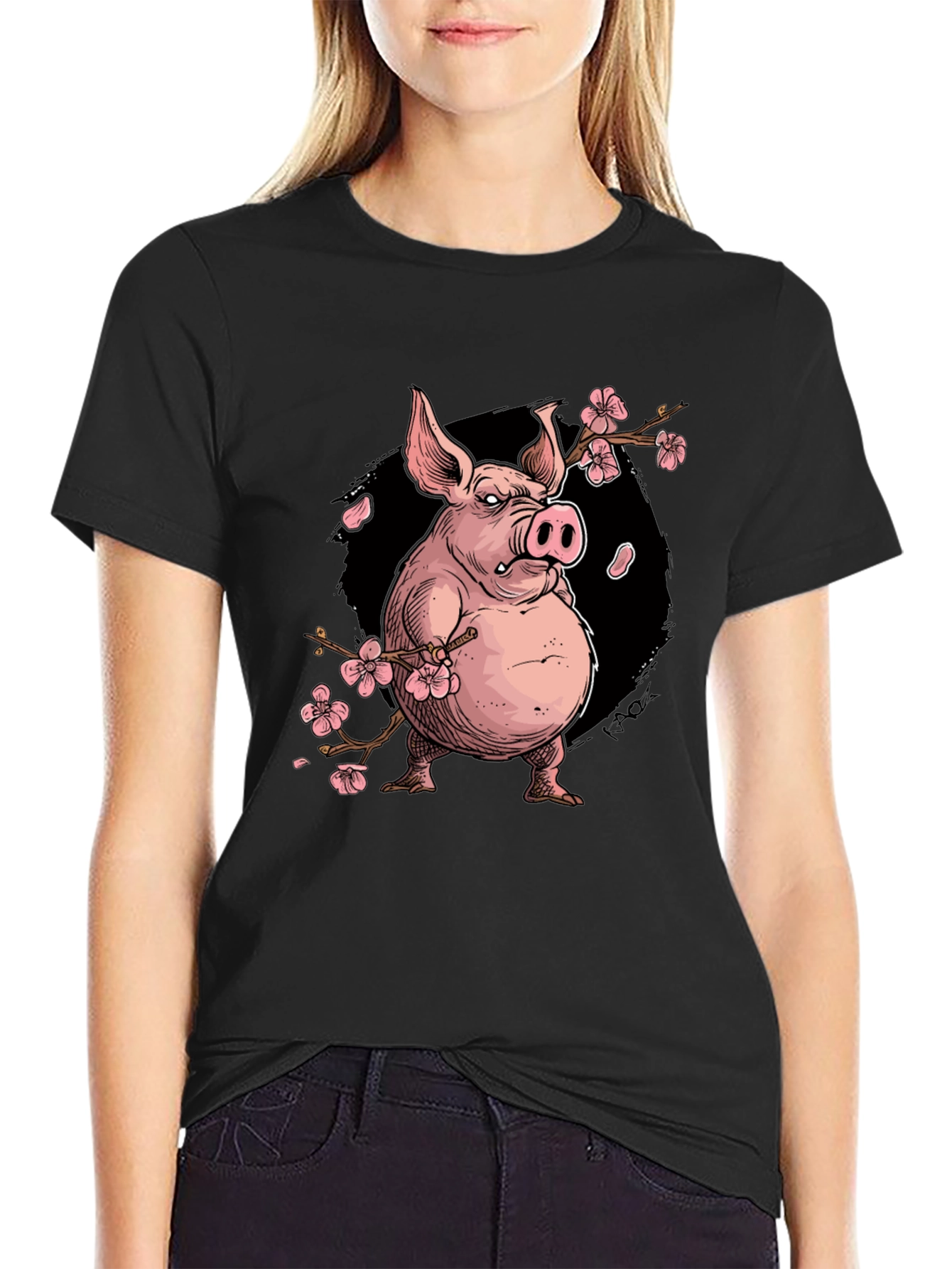 Pig with Cherry Blossoms Graphic T-Shirt