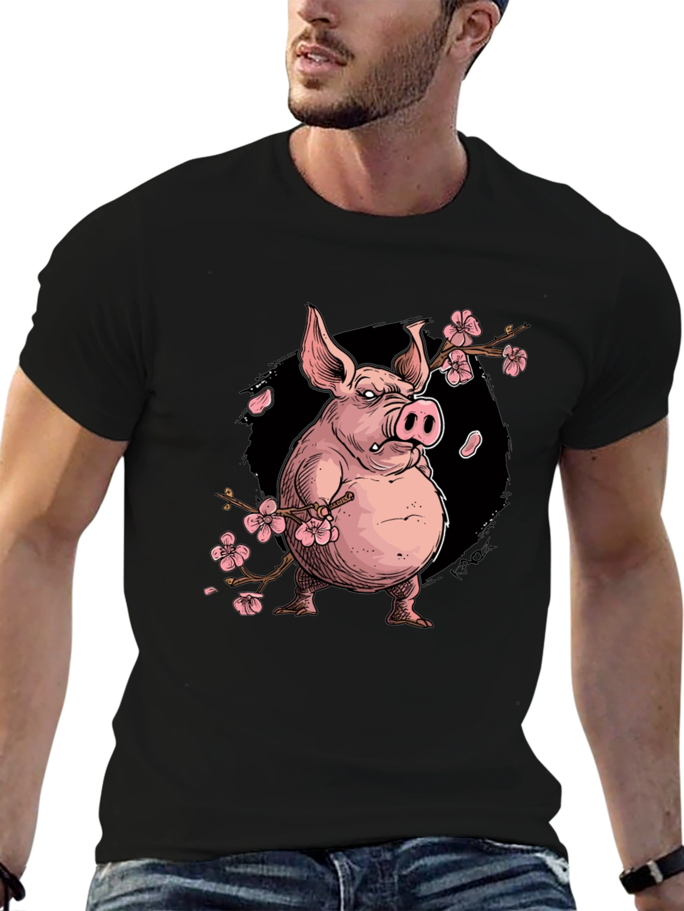 Pig with Cherry Blossoms Graphic T-Shirt