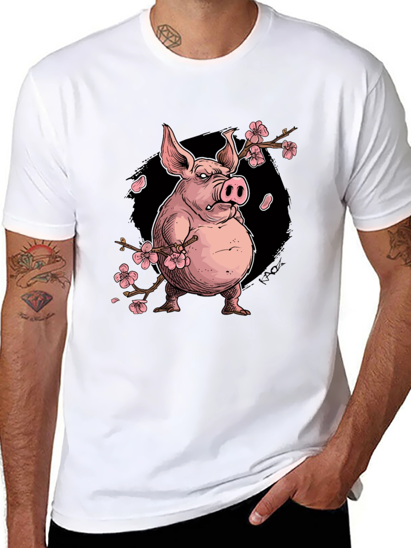 Pig with Cherry Blossoms Graphic T-Shirt