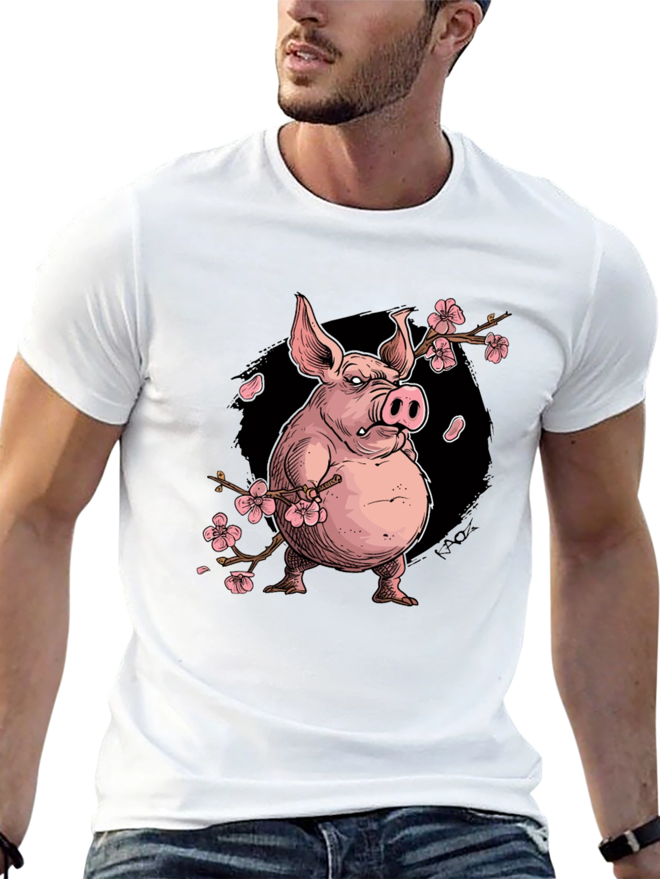 Pig with Cherry Blossoms Graphic T-Shirt