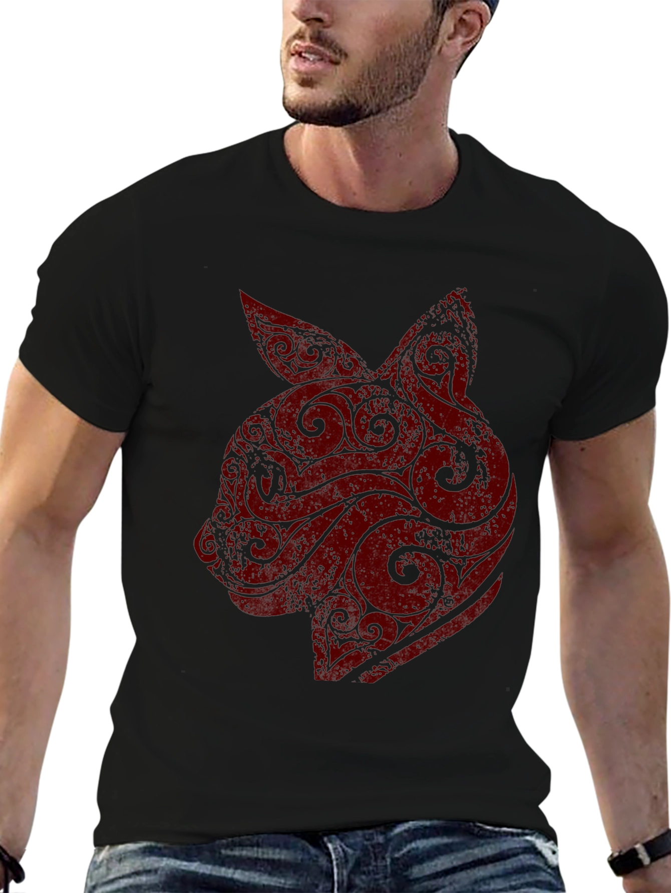 Mens Black T-Shirt with Red Rabbit Graphic