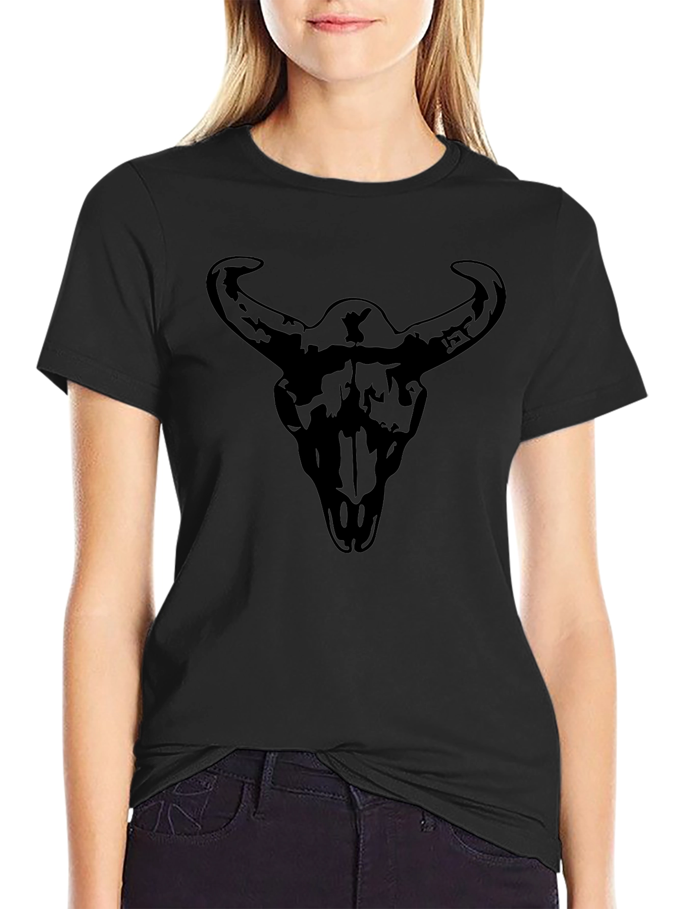 Mens Black Graphic Tee - Steer Skull Print