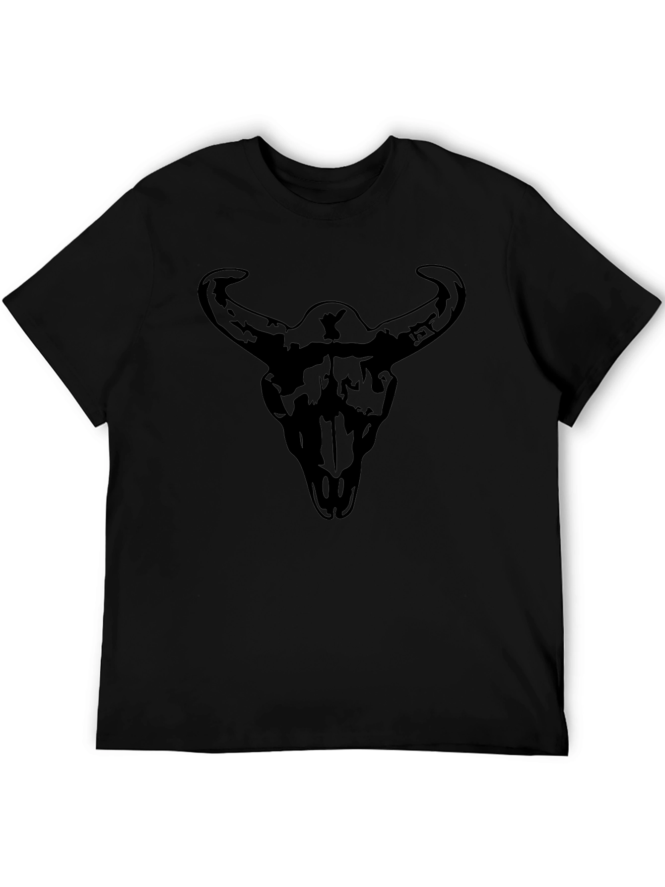 Mens Black Graphic Tee - Steer Skull Print