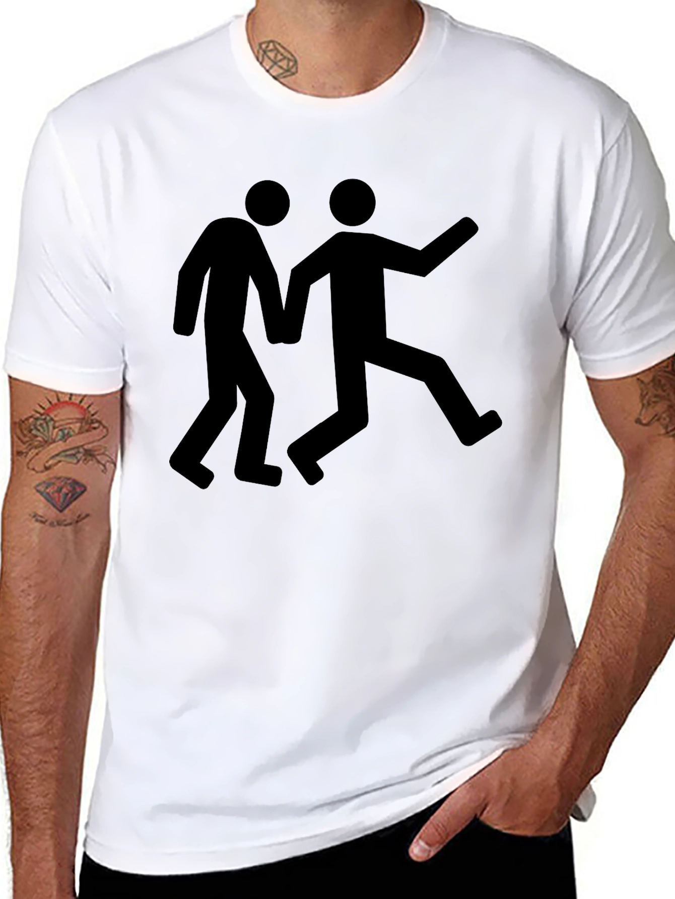 Mens Black Graphic Tee: Stick Figure Escape