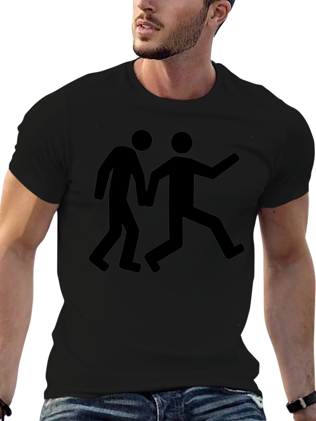 Mens Black Graphic Tee: Stick Figure Escape