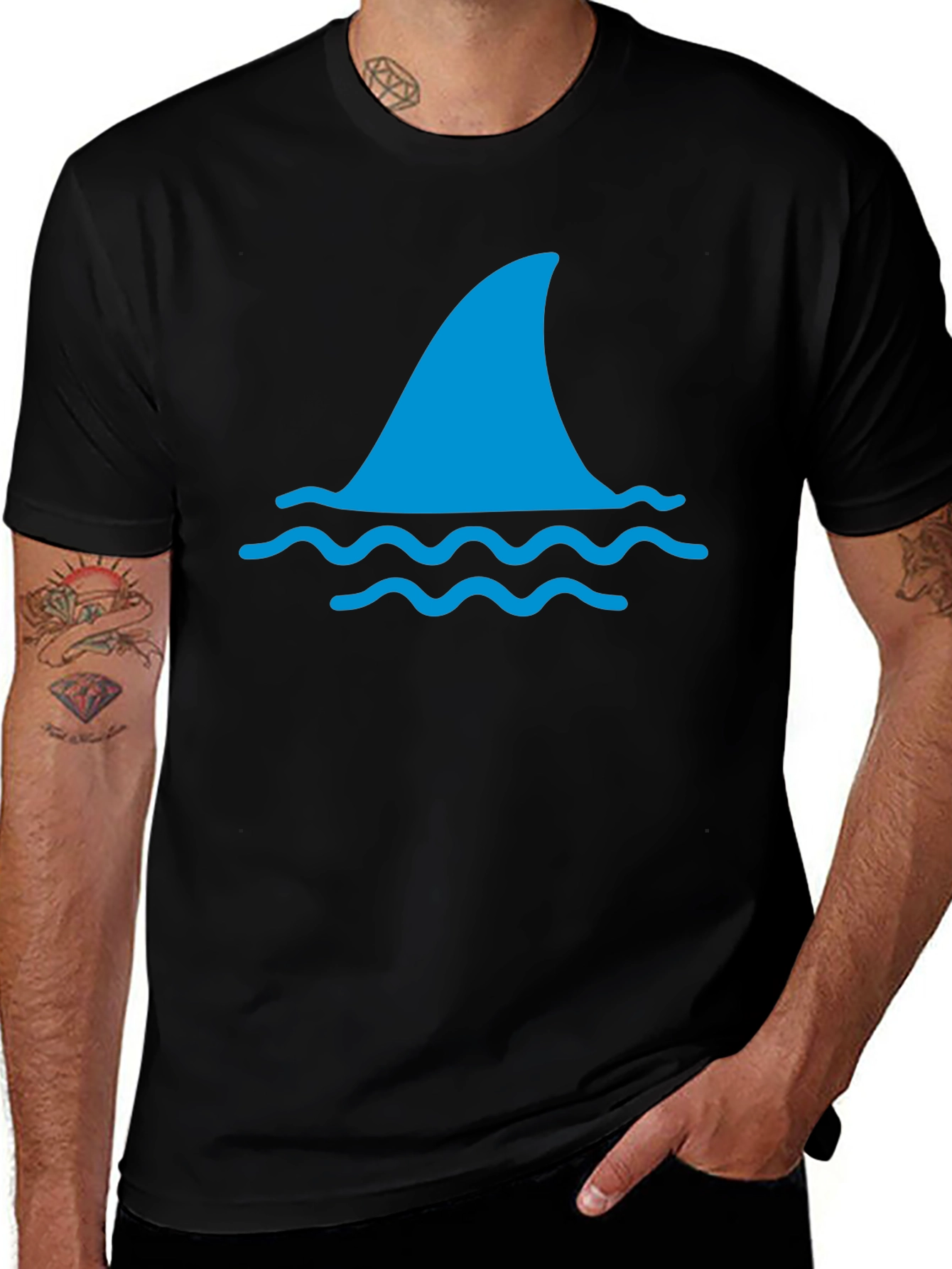 Shark Fin Graphic Tee - Black Cotton T-Shirt