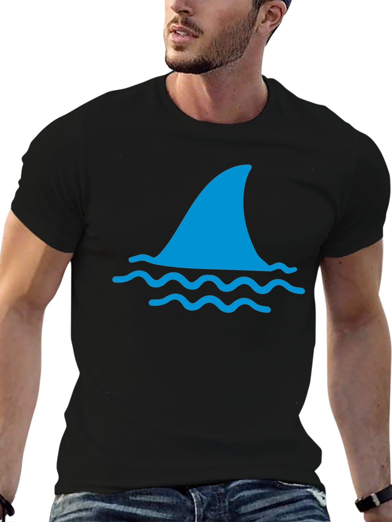 Shark Fin Graphic Tee - Black Cotton T-Shirt