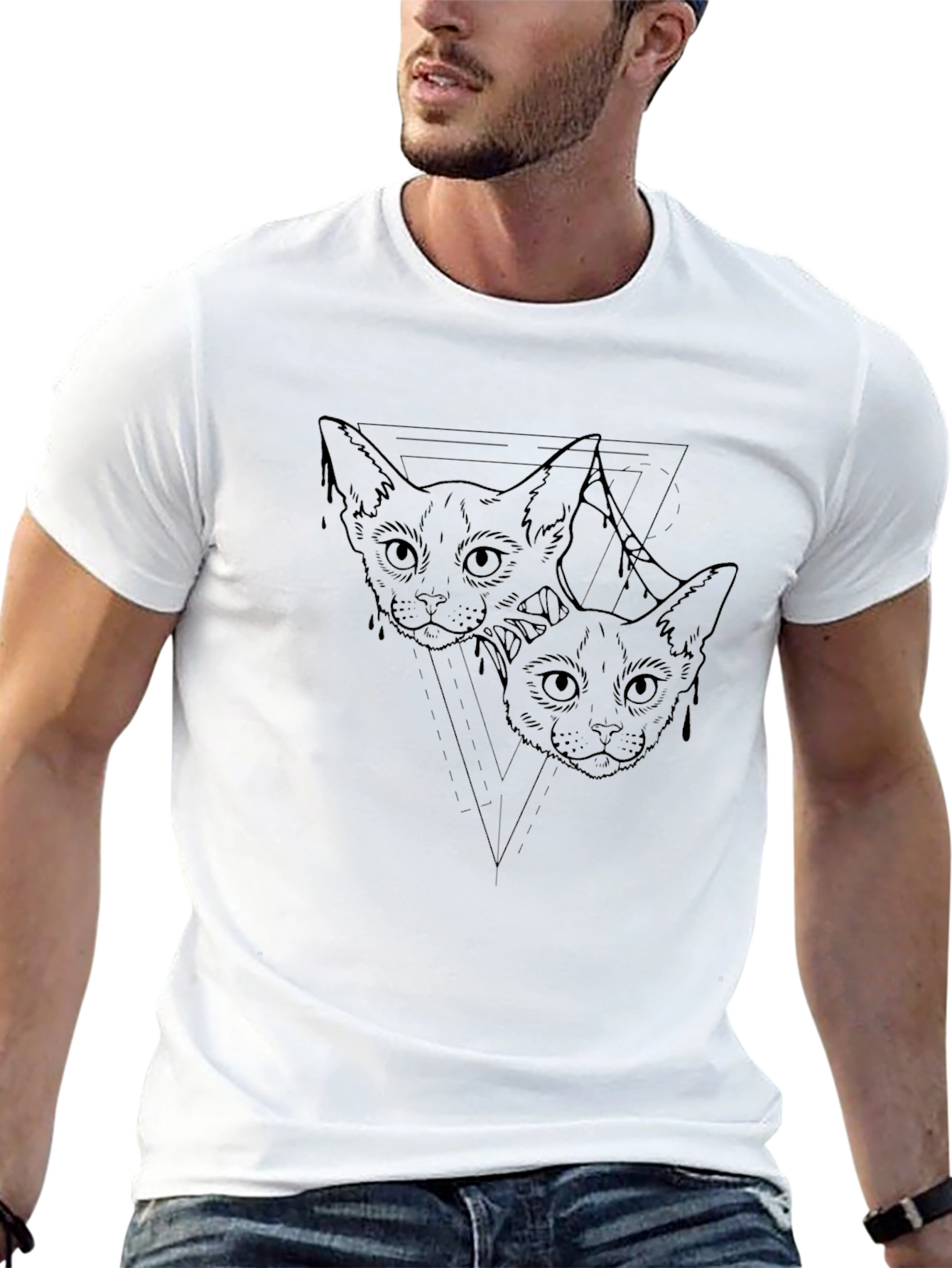 Mens Black Cat Graphic Tee - Artistic Design