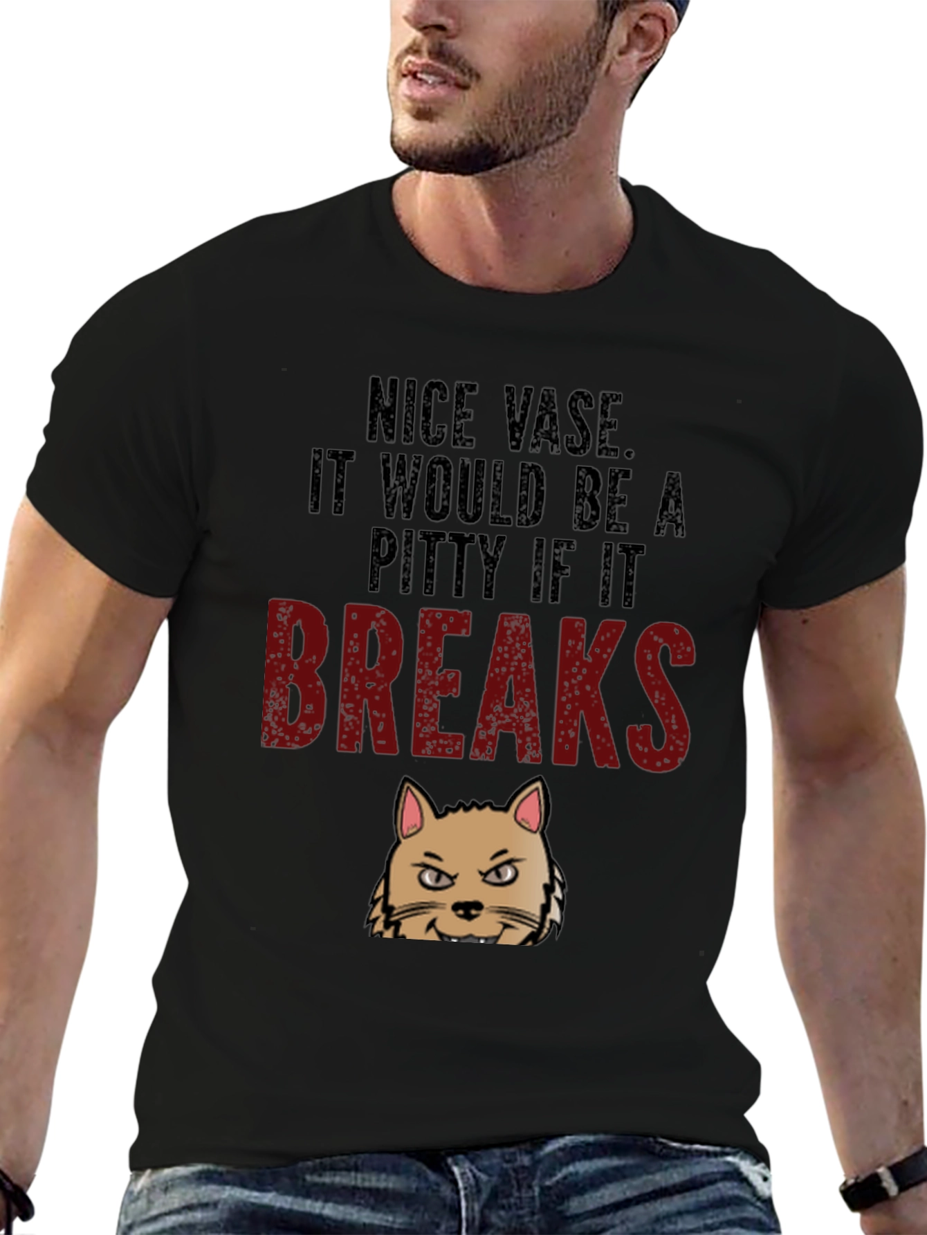 Nice Vase Cat Breaks Funny Mens T-Shirt