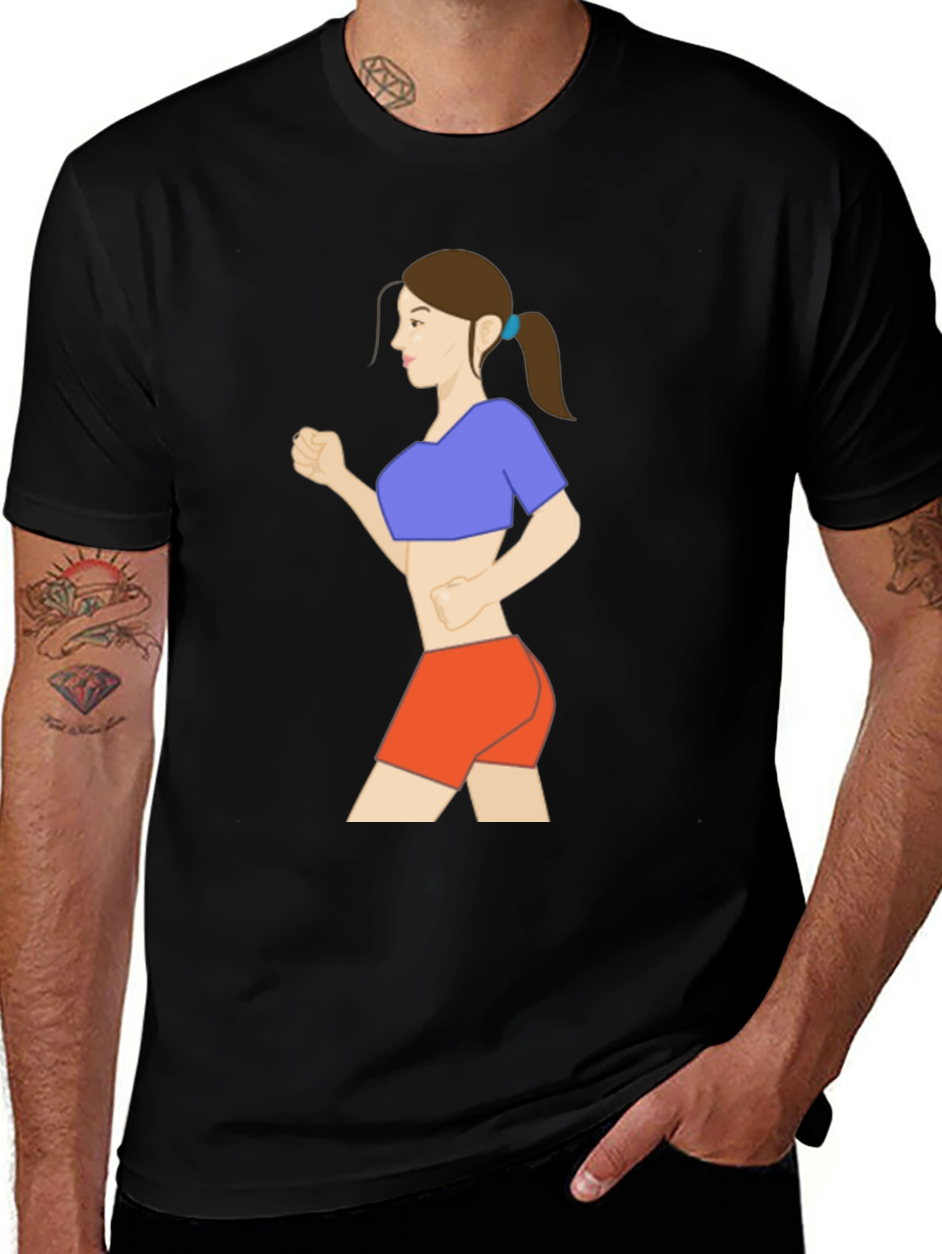 Black Graphic Tee: Cartoon Woman Running