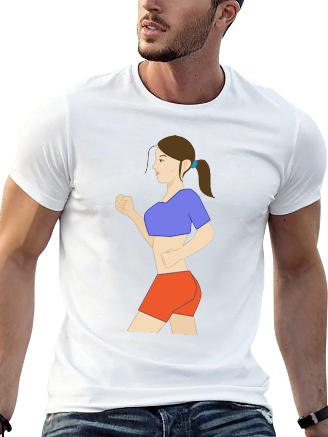 Black Graphic Tee: Cartoon Woman Running