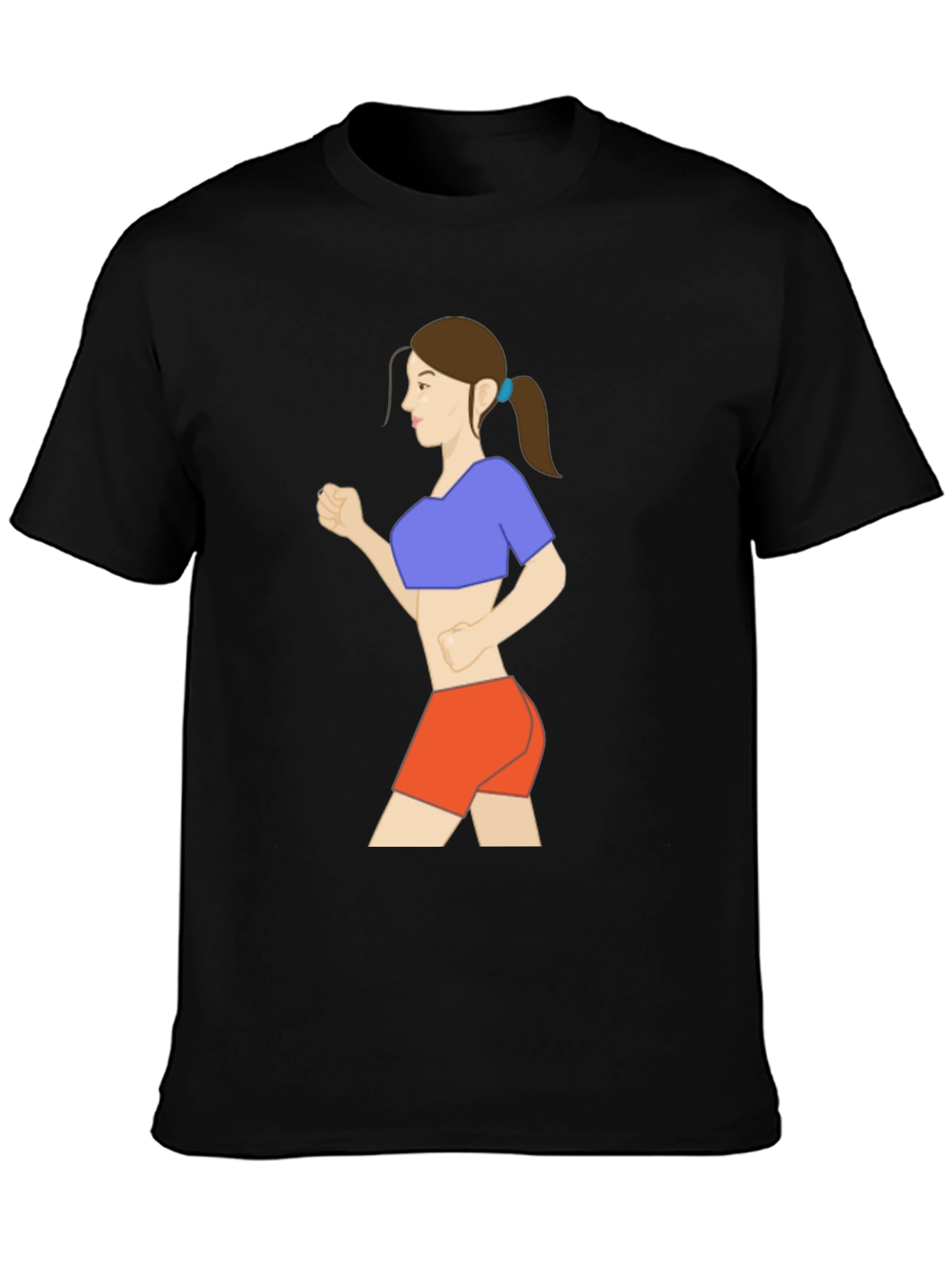 Black Graphic Tee: Cartoon Woman Running