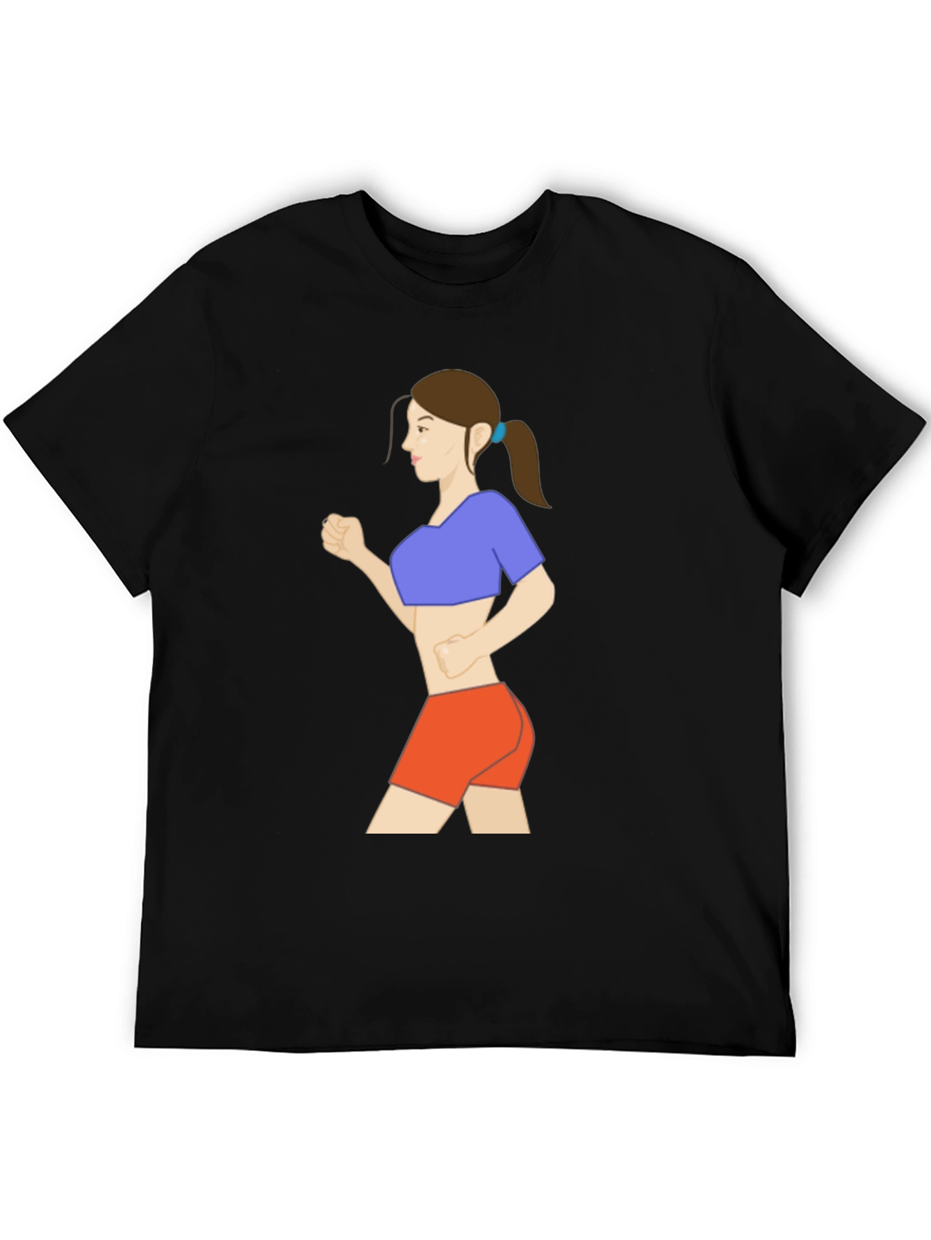 Black Graphic Tee: Cartoon Woman Running