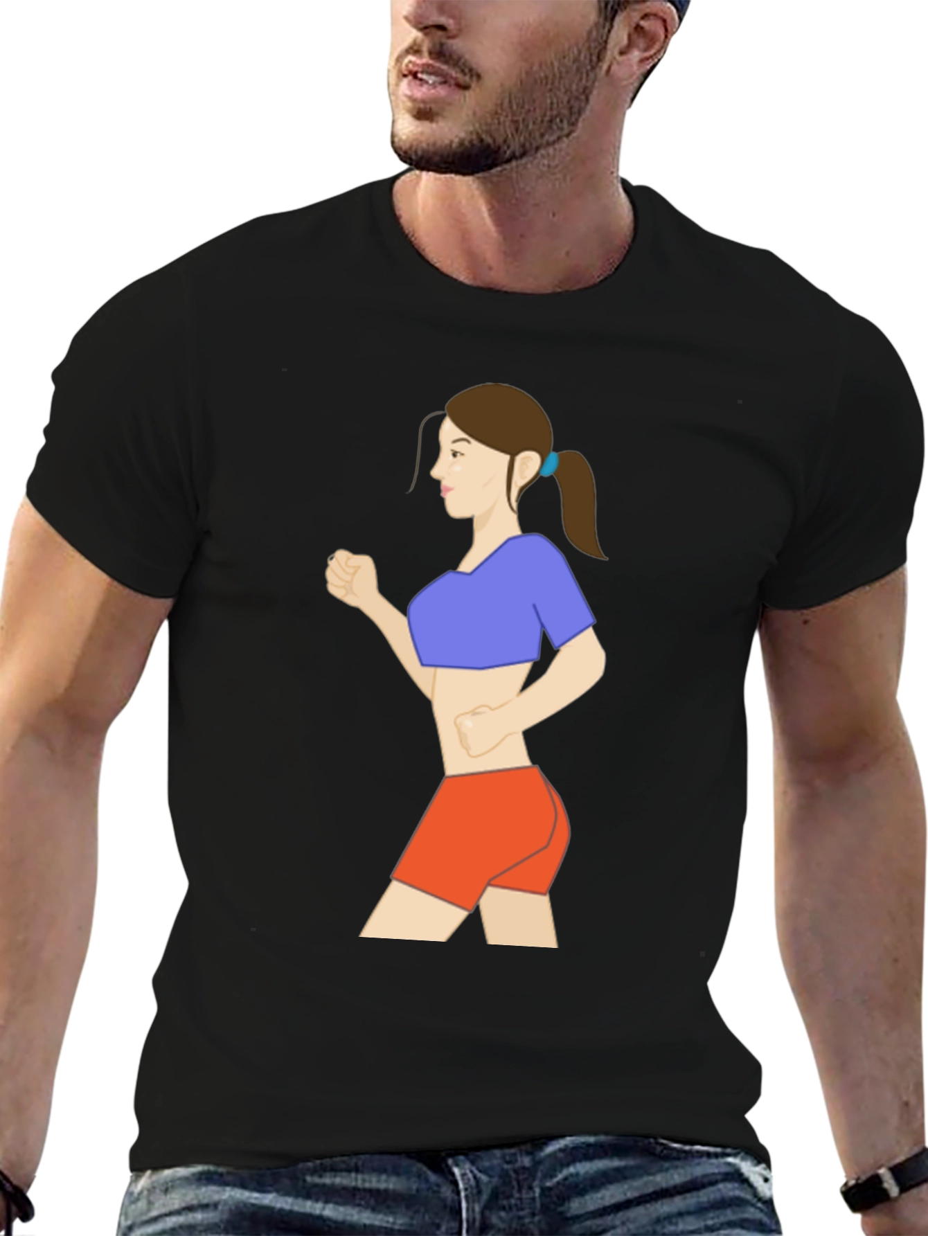 Black Graphic Tee: Cartoon Woman Running