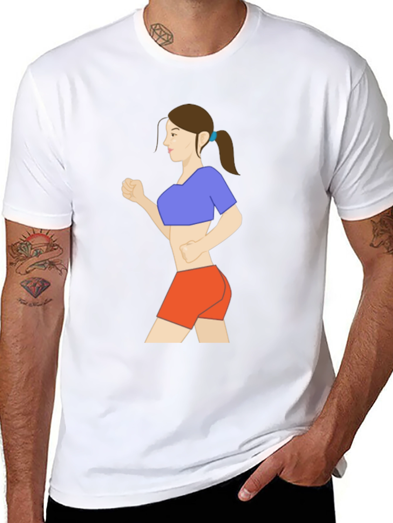 Black Graphic Tee: Cartoon Woman Running