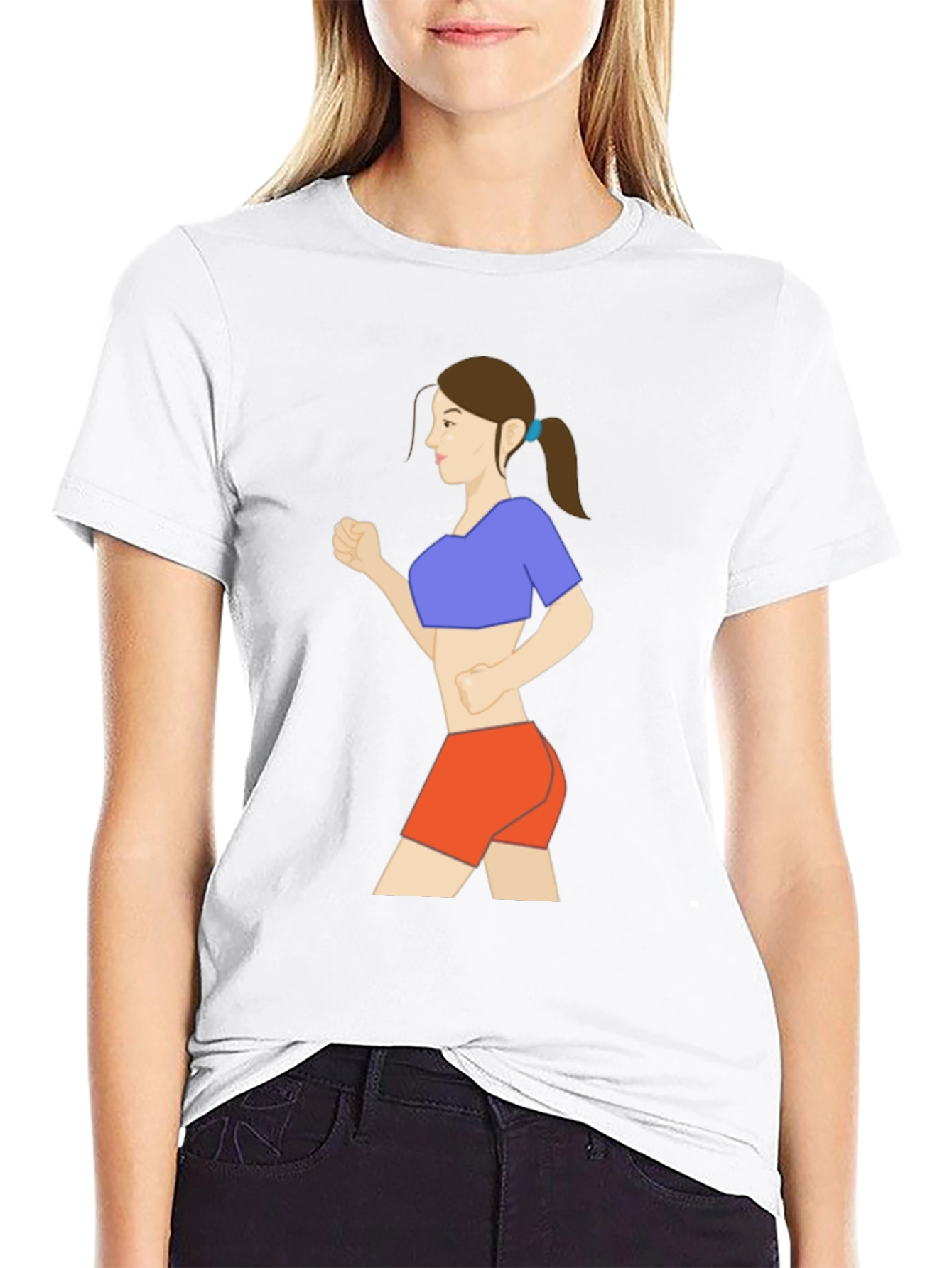 Black Graphic Tee: Cartoon Woman Running