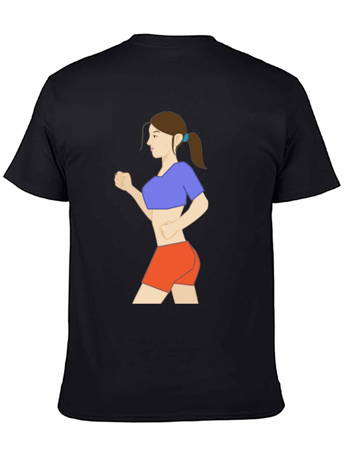 Black Graphic Tee: Cartoon Woman Running