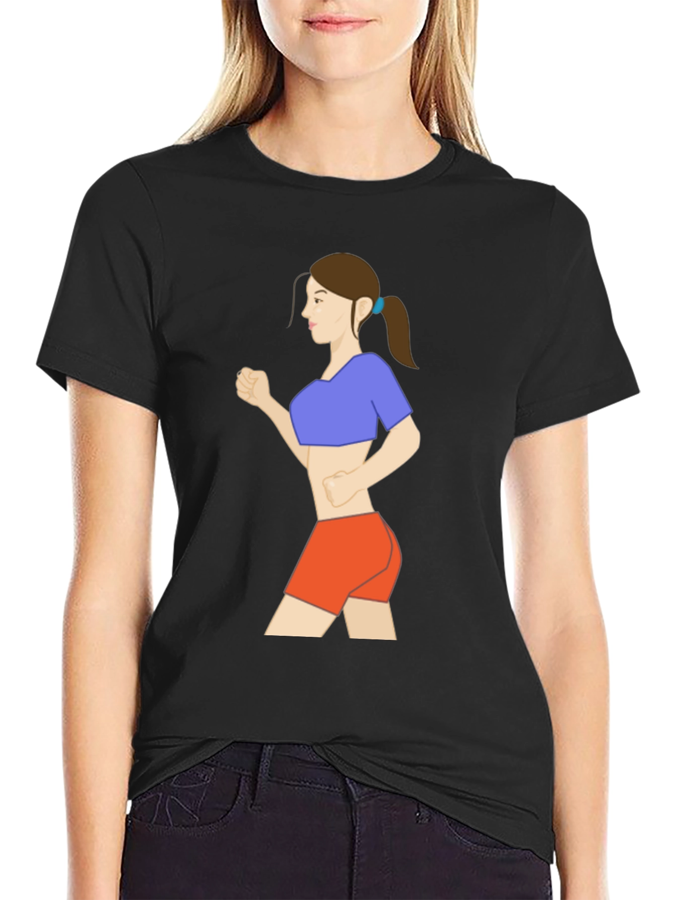 Black Graphic Tee: Cartoon Woman Running