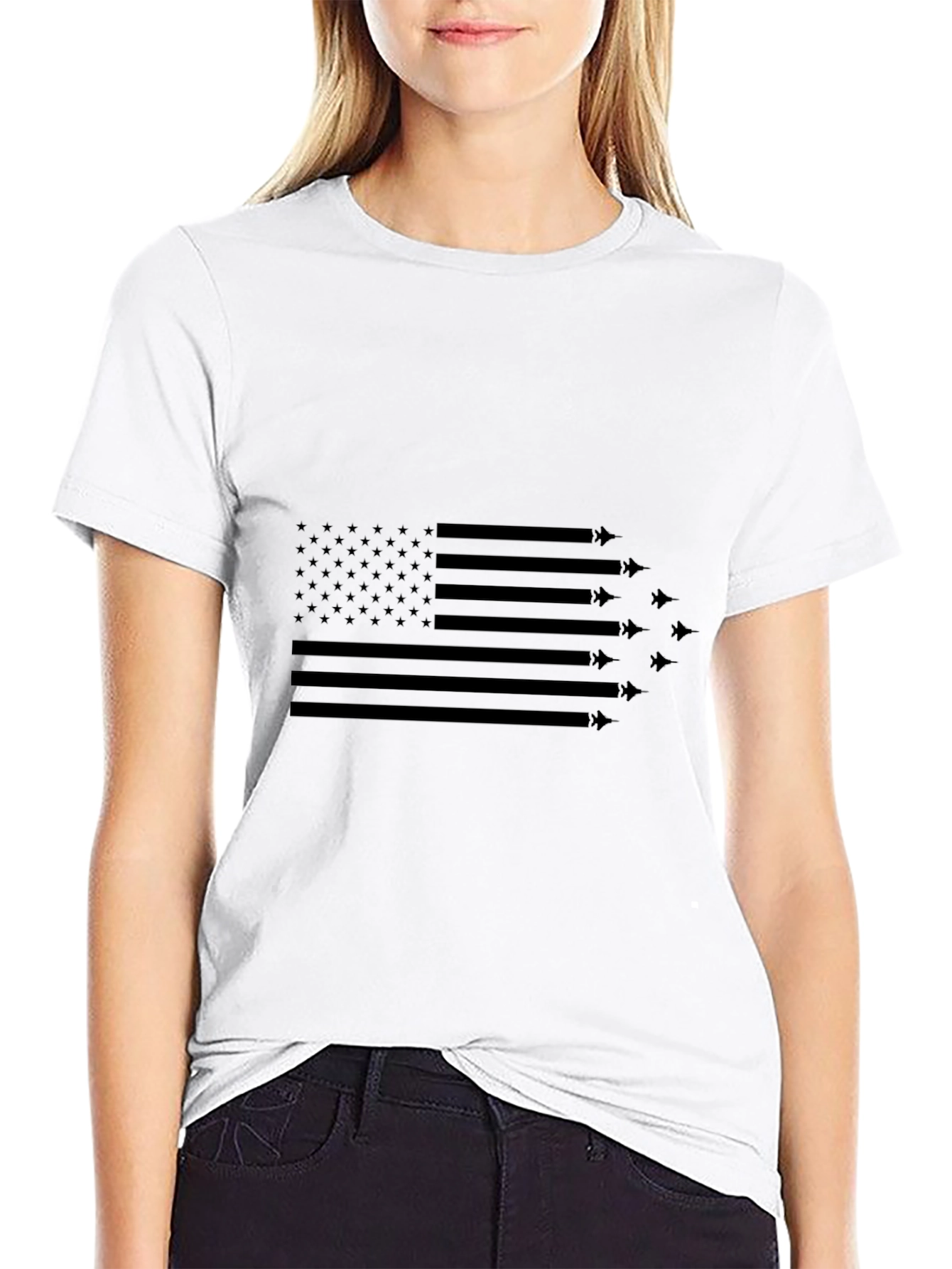 Patriotic American Flag Fighter Jet Graphic T-Shirt